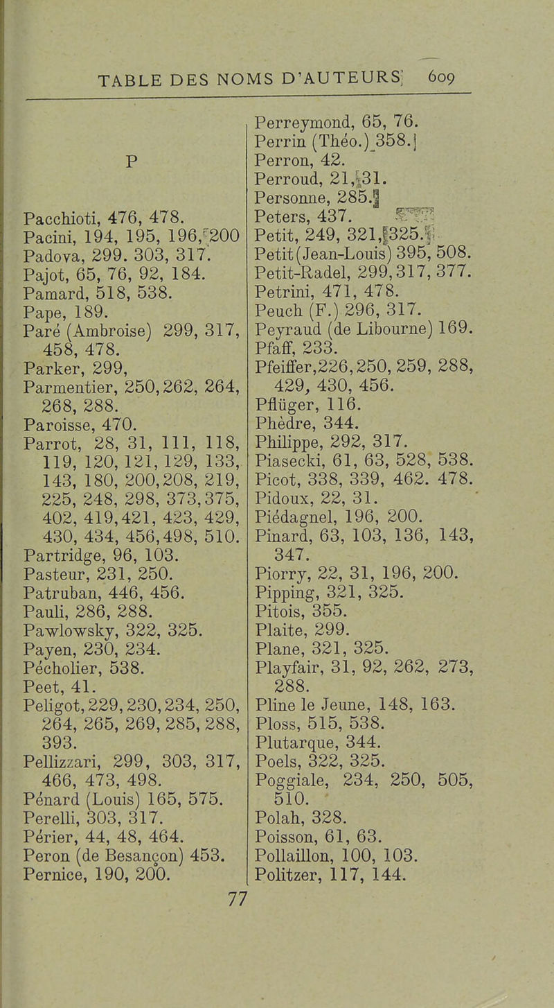 P Pacchioti, 476, 478. Pacini, 194, 195, 196,200 Padova, 299. 303, 317: Pajot, 65, 76, 92, 184. Pamard, 518, 538. Pape, 189. • Paré (Ambroise) 299, 317, 458, 478. Parker, 299, Parmentier, 250,262, 264, 268, 288. Paroisse, 470. Parrot, 28, 31, 111, 118, 119, 120, 121, 129, 133, 143, 180, 200,208, 219, 225, 248, 298, 373,375, 402, 419,421, 423, 429, 430, 434, 456,498, 510. Partridge, 96, 103. Pasteur, 231, 250. Patruban, 446, 456. PauH, 286, 288. Pawlowskj, 322, 325. Payen, 230, 234. Pécholier, 538. Peet, 41. Pelig'ot, 229,230,234, 250, 264, 265, 269, 285, 288, 393. Pellizzari, 299, 303, 317, 466, 473, 498. Pénard (Louis) 165, 575. Perelli, 303, 317. Périer, 44, 48, 464. Peron (de Besancon) 453. Pernice, 190, 200. 77 Perreymond, 65, 76. Perrin(Tliéo.)_358.j Perron, 42. Perroud, 21,';,31. Personne, 285.| Peters, 437. Petit, 249, 321,1325.11. Petit (Jean-Louis) 395, 508. Petit-Radel, 299,317, 377. Petrini, 471, 478. Peuch (F.) 296, 317. Peyraud (de Libourne) 169. Pfafif 233. Pfeiffeî,226,250, 259, 288, 429, 430, 456. Pfliiger, 116. Phèdre, 344. Philippe, 292, 317. Piasecki, 61, 63, 528, 538. Picot, 338, 339, 462. 478. Pidoux, 22, 31. Piédagnel, 196, 200. Pinard, 63, 103, 136, 143, 347. Piorry, 22, 31, 196, 200. Pipping, 321, 325. Pitois, 355. Plaite, 299. Plane, 321, 325. Playfair, 31, 92, 262, 273, 288. Pline le Jeune, 148, 163. Ploss, 515, 538. Plutarque, 344. Pools, 322, 325. Poggiale, 234, 250, 505, 510. Polah, 328. Poisson, 61, 63. Pollaillon, 100, 103. Politzer, 117, 144.