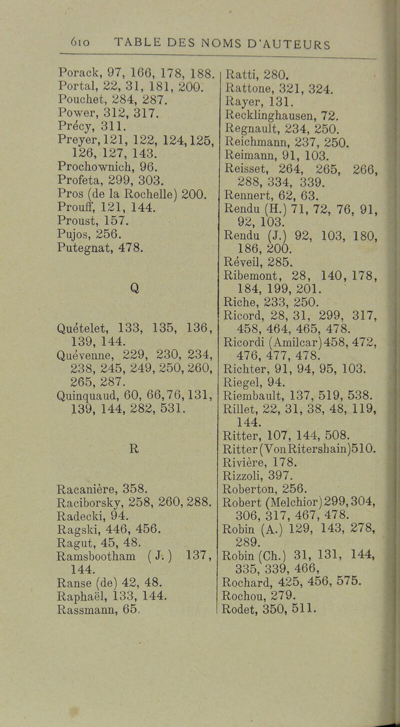 Porack, 97, 166, 178, 188. Portai, 22, 31, 181, 200. Pouchet, 284, 287. Power, 312, 317. Précy, 311. Preyer,121, 122, 124,125, 126, 127, 143. Prochownich, 96. Profeta, 299, 303. Pros (de la Rochelle) 200. ProufF, 121, 144. Proust, 157. Pujos, 256. Putegnat, 478. Q Quételet, 133, 135, 136, 139 144. Quévenne, 229, 230, 234, 238, 245, 249, 250, 260, 265, 287. Quinquaud, 60, 66,76,131, 139, 144, 282, 531. R Racanière, 358. Raciborsky, 258, 260, 288. Radecki, 94. Ragski, 446, 456. Ragut, 45, 48. Ramsbootham ( J. ) 137, 144. Ranse (de) 42, 48. Raphaël, 133, 144. Rassmann, 65. Ratti, 280. Rattone, 321, 324. Rayer, 131. Recklinghausen, 72. Regnault, 234, 250. Reichmann, 237, 250. Reimann, 91, 103. Reisset, 264, 265, 266, 288, 334, 339. Rennert, 62, 63. Rendu (H.) 71, 72, 76, 91, 92 103. Rendu (J.) 92, 103, 180, 186, 200. RéveU, 285. Ribemont, 28, 140, 178, 184, 199, 201. Riche, 233, 250. Ricord, 28, 31, 299, 317, 458, 464, 465, 478. Ricordi (Amilcar)458, 472, 476, 477, 478. Richter, 91, 94, 95, 103. Riegel 94 Riembault,' 137, 519, 538. Rillet, 22, 31, 38, 48, 119, 144. Ritter, 107, 144, 508. Ritter ( VonRitershain)510. Rivière, 178. Rizzoli, 397. Roberton, 256. Robert (Melchior)299,304, 306, 317, 467, 478. Robin (A.) 129, 143, 278, 289. Robin (Ch.) 31, 131, 144, 335, 339, 466, Rochard, 425, 456, 575. Rochou, 279. Rodet, 350, 511.