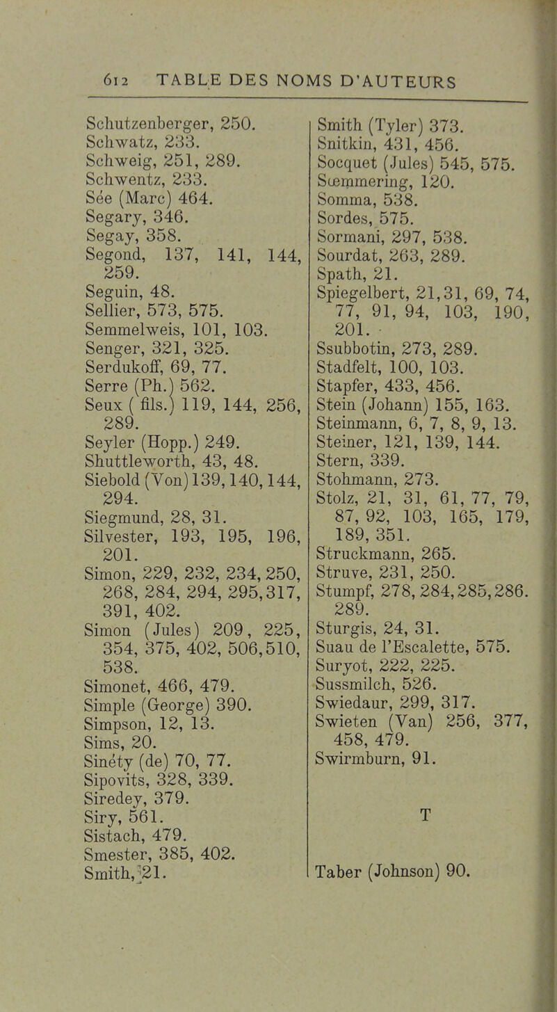 Schutzenberger, 250. Schwatz, 233. Schweig, 251, 289. Schwentz, 233. Sée (Marc) 464. Segary, 346. Segay, 358. Segond, 137, 141, 144, 259. Seguin, 48. Sellier, 573, 575. Semmelweis, 101, 103. Senger, 321, 325. SerdukofF, 69, 77. Serre (Ph.) 562. Seux ( fils.) 119, 144, 256, 289. Seyler (Hopp.) 249. Shuttleworth, 43, 48. Siebold (Von) 139,140,144, 294. Siegmund, 28, 31. Silvester, 193, 195, 196, 201. Simon, 229, 232, 234, 250, 268, 284, 294, 295,317, 391 402. Simon' (Jules) 209, 225, 354, 375, 402, 506,510, 538. Simonet, 466, 479. Simple (George) 390. Simpson, 12, 13. Sims, 20. Sinéty (de) 70, 77. Sipovits, 328, 339. Siredey, 379. Siry, 561. Sistach, 479. Smester, 385, 402. Smith,'21. Smith (Tyler) 373. Snitkin, 431, 456. Socquet (Jules) 545, 575. Sœmmering, 120. Somma, 538. Sordes, 575. Sormani, 297, 538. Sourdat, 263, 289. Spath, 21. Spiegelbert, 21,31, 69, 74, 77, 91, 94, 103, 190, 201. Ssubbotin, 273, 289. Stadfelt, 100, 103. Stapfer, 433, 456. Stein (Johann) 155, 163. Steinmann, 6, 7, 8, 9, 13. Steiner, 121, 139, 144. Stern, 339. Stohmann, 273. Stolz, 21, 31, 61, 77, 79, 87, 92, 103, 165, 179, 189, 351. Struckmann, 265. Struve, 231, 250. Stumpf, 278, 284,285,286. 289. Sturgis, 24, 31. Suau de l'Escalette, 575. Suryot, 222, 225. Sussmilch, 526. Swiedaur, 299, 317. Swieten (Van) 256, 377, 458, 479. Swirmburn, 91. T Taber (Johnson) 90.