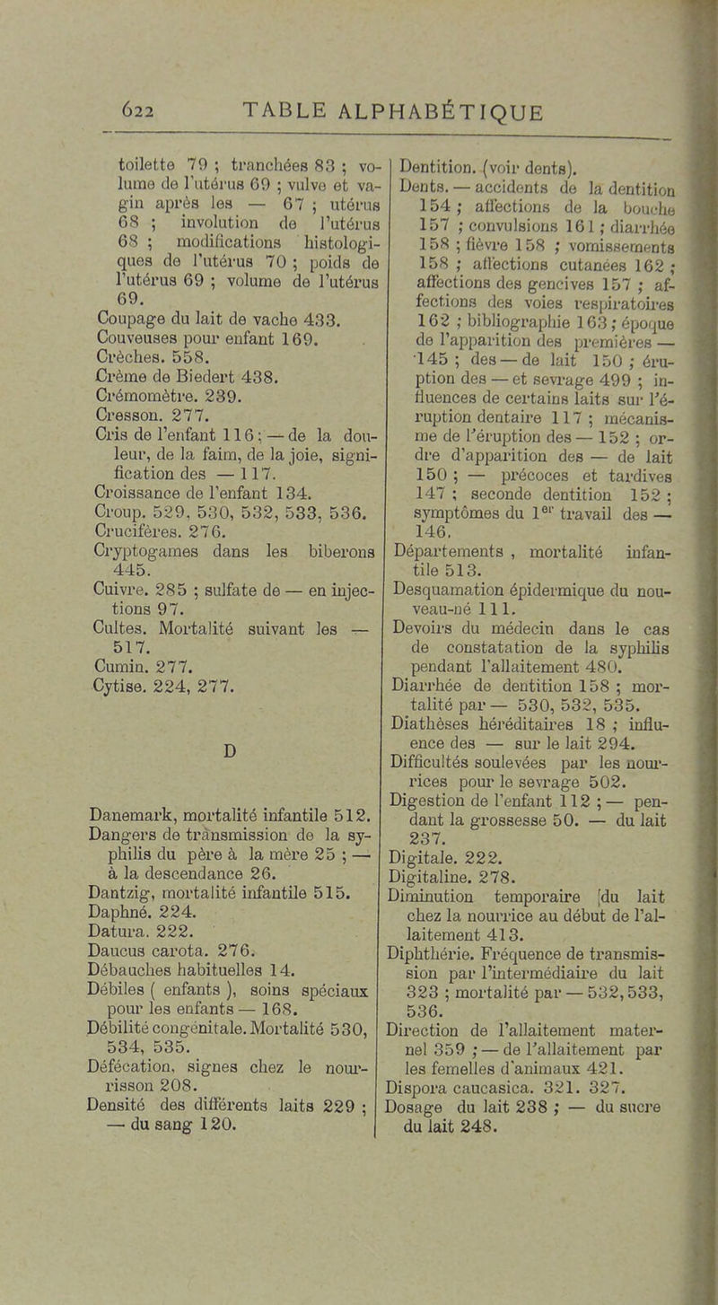 toilette 79 ; tranchées 83 ; vo- lume de l'utôi-us 69 ; vulve et va- gin après les — 67 ; utérus 68 ; involution de l'utérus 68 ; modifications histologi- ques de l'utérus 70 ; poids de l'utérus 69 ; volume de l'utérus 69. Coupage du lait de vache 433. Couveuses pour enfant 169. Crèches. 558. Crème de Biedert 438. Crémomètre. 289. Cresson. 277. Cria de l'enfant 116 ; — de la dou- leur, de la faim, de la joie, signi- fication des — 117. Croissance de l'enfant 134. Croup. 529, 530, 532, 533, 536. Crucifères. 276. Cryptogames dans les biberons 445. Cuivre. 285 ; sulfate de — en injec- tions 97. Cultes. Mortalité suivant les — 517. Cumin. 277. Cytise. 224, 277. D Danemark, mortalité infantile 512. Dangers de transmission de la sy- philis du père à la mère 25 ; — à la descendance 26. Dantzig, mortalité infantile 515. Daphné. 224. Datura. 222. Daucus carota. 276. Débauches habituelles 14. Débiles ( enfants ), soins spéciaux pour les enfants— 168. Débilité congénitale. Mortalité 530, 534, 535. Défécation, signes chez le noui'- risson 208. Densité des différents laits 229 ; — du sang 120. Dentition, (voir dents). Dents. — accidents de la dentition 154 ; affections de la bou<he 157 ; convulsions 161 ; diarrhée 158 ; fièvre 158 ; vomissements 158 ,• affections cutanées 162,- affections des gencives 157 ; af- fections des voies respiratoires 162 ; bibliographie 163 ; époi^ue de l'apparition des premières — 145 ; des —de lait 150 éru- ption des — et sevrage 499 ; in- fluences de certains laits sur l'é- ruption dentaire 117 ; mécanis- me de Téruption des— 152 ; or- dre d'apparition des — de lait 150 ; — précoces et tardives 147 ; seconde dentition 152 ; symptômes du 1®'' travail des — 146, Départements , mortalité infan- tile 513. Desquamation épidermique du nou- veau-né 111. Devoirs du médecin dans le cas de constatation de la syphilis pendant l'allaitement 480. Diarrhée de dentition 158 ; moi'- talité par— 530, 532, 535. Diathèses héréditaii'es 18 ,* influ- ence des — sur le lait 294. Difficultés soulevées par les uoui'- rices pour le sevrage 502. Digestion de l'enfant 112 ;— pen- dant la grossesse 50. — du lait 237. Digitale. 222. Digitaline. 278. Diminution temporaii*e [du lait chez la nourrice au début de l'al- laitement 413. Diphthérie. Fréquence de transmis- sion par l'intermédiaire du lait 323 ; mortalité par — 532,533, 536. Direction de l'allaitement mater- nel 359 ; — de l'allaitement par les femelles d'animaux 421. Dispora caucasica. 321. 327. Dosage du lait 238 ,* — du sucre du lait 248.