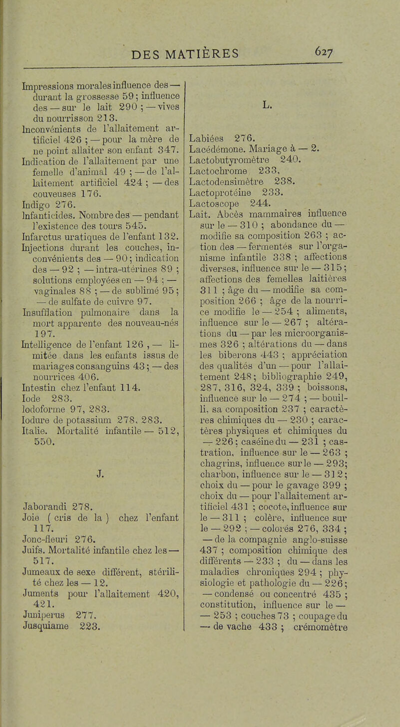 Impressions morales influence des — durant la grossesse 59 ; influence des —sur le lait 290;—vives du nourrisson 213. Inconvénients de lallaitement ar- tificiel 426 ; — pour la mère de ue point allaiter son enfant 347. Indication de l'allaitement par une femelle d'animal 49 ; — de l'al- laitement artificiel 424 ; — des couveuses 176. Indigo 276. Infanticides. Nombre des — pendant l'existence des toui's 545. Infarctus uratiques de l'enfant 132. Injections durant les couches, in- convénients des — 90 ; indication des — 92 ; —intra-utérines 89 ; solutions employées en — 94 ; — vaginales 88 ; — de sublimé 95; — de sulfate de cuivre 97. Insufflation pulmonaire dans la mort apparente des nouveau-nés 197. Intelligence de l'enfant 126 ,— li- mitée dans les enfants issus de mariages consanguins 43 ; — des nourrices 406. Intestin chez l'enfant 114. Iode 283. lodoforme 97, 283. lodui'e de potassium 278, 283. Italie. Mortalité infantile—512, 550. J. Jaborandi 278. Joie ( cris de la ) chez l'enfant 117. Jonc-fleuri 276. Juifs. Mortalité infantile chez les — 517. Jumeaux de sexe différent, stérih- té chez les — 12. Juments pour l'allaitement 420, 421. Juniperus 277. Jusquiame 223. L. Labiées 276. Lacédémone. Mariage à — 2. Lactobutyroraètre 240. Lactochrome 233, Lactodensimètre 238. Lactoprotéine 233. Lactoscope 244. Lait. Abcès mammaires influence sur le — 310 ; abondance du — modifie sa composition 263 ; ac- tion des — fermentés sur l'orga- nisme infantile 338 ; affections diverses, influence sur le — 315 ; affections des femelles laitières 311 ; âge du — modifie sa com- position 266 ; âge de la nourri- ce modifie le — 254; aliments, influence sur le — 267 ; altéx'a- tions du — par les microorganis- mes 326 ; altérations du — dans les biberons 443 ; appréciation des qualités d'un — pour l'allai- tement 248; bibliographie 249, 287, 316, 324, 339 ; boissons, influence sur le — 274 ; — bouil- li, sa composition 237 ; caractè- res chimiques du — 230 ; carac- tères physiques et chimiques du — 226 ; caséine du — 231 ; cas- tration, influence sur le — 263 ; chagrins, influence sur le — 293; charbon, influence sur le — 312; choix du — poui le gavage 399 ; choix du — pour l'allaitement ar- tificiel 431 ; cocote, influence sur le — 311; colère, influence sur le — 292 ; — colorés 276, 334 ; — de la compagnie anglo-suisse 437 ; composition chimique des différents — 233 ; du — dans les maladies chroniques 294 ; phy- siologie et pathologie du — 226; — condensé ou concentré 435 ; constitution, influence sur le — — 253 ; couches 73 ; coupage du — de vache 433 ; crémomètve
