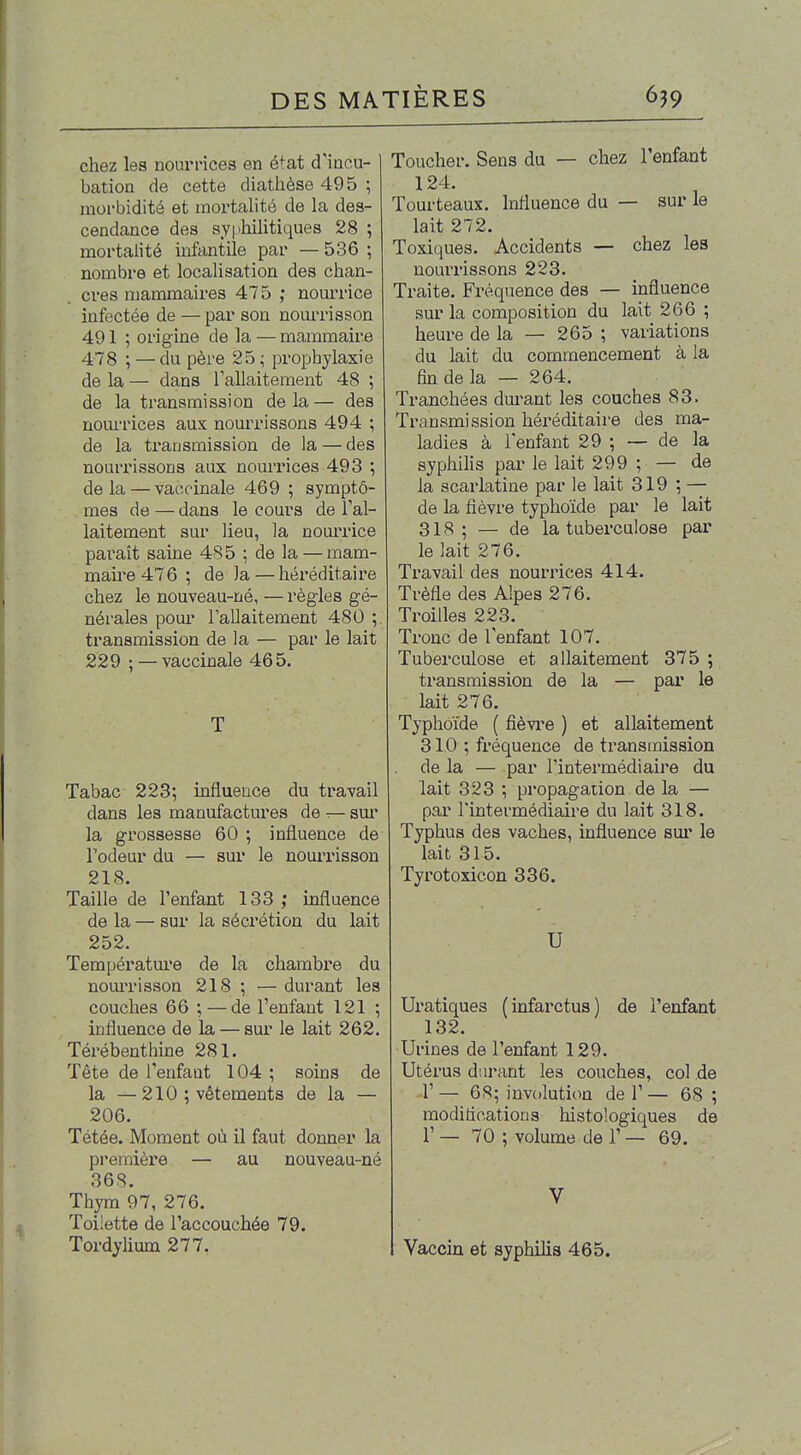 chez les nourpices en état d'incu- bation de cette diathèse 49 5 ; morbidité et mortalité de la des- cendance des syphilitiques 28 ; mortalité infantile par — 536 ; nombre et localisation des chan- cres mammaires 475 ; nourrice infectée de —par son nouiTisson 491 ; origine de la — mammaire 478 ; — du père 25 ; prophylaxie de la — dans l'allaitement 48 ; de la transmission delà— des nourrices aux nourrissons 494 ; de la transmission de la — des nourrissons aux nourrices 493 ; de la — vaccinale 469 ; symptô- mes de — dans le cours de l'al- laitement sur lieu, la nomu'ice paraît saine 485 ; de la — mam- maire 476 ; de la — héréditaire chez le nouveau-né, — régies gé- nérales pour l'allaitement 480 ; transmission de la — par le lait 229 ; — vaccinale 465. T Tabac 223; influence du travail dans les manufactures de sm' la grossesse 60 ; influence de l'odeur du — sur le nourrisson 218. Taille de l'enfant 133 ; influence de la — sur la sécrétion du lait 252. Températui'e de la chambre du nomu'isson 218 ; — durant les couches 66 ; — de l'enfant 121 ; influence de la — sur le lait 262. Térébenthine 281. Tête de l'enfant 104 ; soins de la — 210 ; vêtements de la — 206. Tétée. Moment où il faut donner la première — au nouveau-né 368. Thym 97, 276. Toiiette de l'accouchée 79. Tordyhum 277. Toucher. Sens du — chez l'enfant 124. Tourteaux. Influence du — sur le lait 272. Toxiques. Accidents — chez les nourrissons 223. Traite. Fréquence des — influence sur la composition du lait 266 ; heure de la — 265 ; variations du lait du commencement à la fin de la — 264. Tranchées dui^ant les couches 83. Transmission héréditaire des ma- ladies à l'enfant 29 ; — de la syphilis par le lait 299 ; — de la scarlatine par le lait 319 ; — de la fièvre typhoïde par le lait 318; — de la tuberculose par le lait 276. Travail des nourrices 414. Trèfle des Alpes 276. Troilles 223. Tronc de l'enfant 107. Tuberculose et allaitement 375 ; transmission de la — par le lait 276. Typhoïde ( fîèvi'e ) et allaitement 310 ; fréquence de transmission de la — par l'intermédiaire du lait 323 ; propagation de la — par l'intermédiaire du lait 318. Typhus des vaches, influence sui' le lait 315. Tyrotoxicon 336. U Uratiques (infarctus) de l'enfant 132. Urines de l'enfant 129. Utérus d!U'ant les couches, col de r — 68; involution de V — 68 ; modifications liistologiques de r — 70 ; volume de V — 69. V Vaccin et syphilis 465.