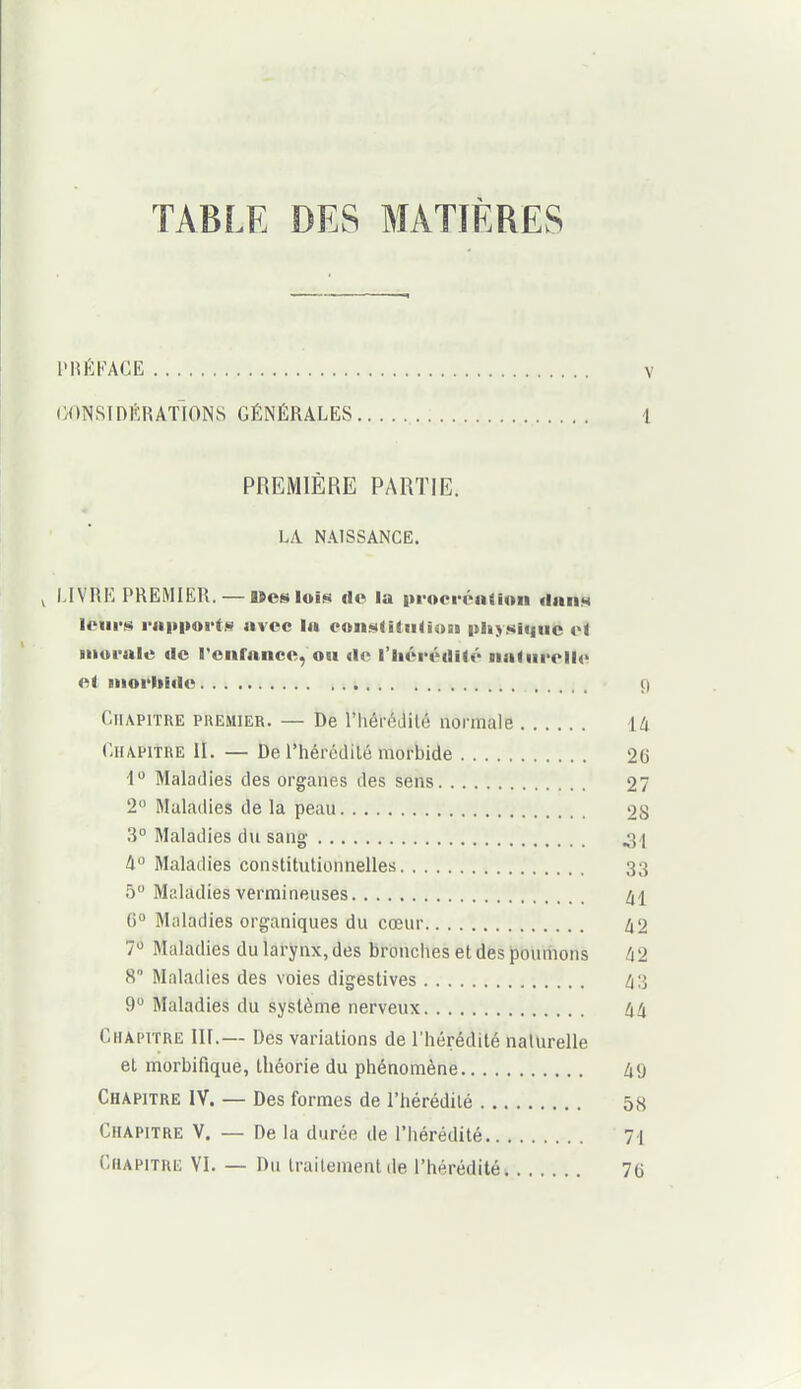 TABLE DES MATIÈRES l'IÎÉKAGE V OONSIDlîRATIONS GÉNÉRALES 1 PREMIÈRE PARTIE. LA NAISSANCE. > LIVRE PREMIER. — Uesloi!i< «le la pi'ocréntinn «Inim louvH rn|t|iort!9 avec la ooiiMdliinoai |tli>!«i<iiic vi iitui'ale de l'enrance, ou do l'iiéi-éililé iiatiii>elle e( iiiorliide () Chapitre premier. — De l'hérédité normale ili Chapitre II. — De l'hérédilé morbide 26 1° Maladies des organes des sens 27 2° Maladies de la peau 28 3° Maladies du sang 4^1 4 Maladies constitutionnelles 33 5 Maladies vermineuses /il 6° Maladies organiques du cœur Zi2 7 Maladies du larynx, des bronches et des poumons à2 8 Maladies des voies digeslives 4;} 9 Maladies du système nerveux 44 Chapitre III.— Des variations de l'hérédité naturelle et morbifique, théorie du phénomène 4<j Chapitre IV. — Des formes de l'hérédilé 58 Chapitre V. — De la durée de l'hérédité 71 Chapitre VI. — Du traitement de l'hérédité i 76