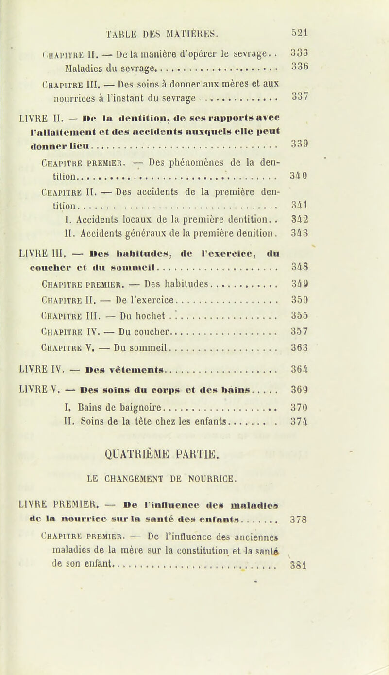 r.HAi'iTUE 11. — De la manière d'opérer le sevrage. . 333 Maladies du sevrage ^36 Chapitre III. — Des soins à donner aux mères et aux nourrices à l'instant du sevrage ., 337 LIVRE II. — De la ileiititiou, de ses rapport!!* avec l*nllaUeiuent et «les accidents auxquels elle peut «lonnerlieu 339 Chapitre premier. — Des phénomènes de la den- tition 34 0 Chapitre II. — Des accidents de la première den- tition 341 I. Accidents locaux de lu première dentition, . 342 II. Accidents généraux de la première denilion . 343 LIVRE 111, — »es habitude^), de rexercicc, du coucher et du souiuieil 348 Chapitre premier. — Des habitudes 34 y Chapitre II. — De l'exercice 350 Chapitre III. — Du hochet .'. 355 Chapitre IY. — Du coucher 357 Chapitre V. — Du sommeil 363 LIVRE IV. — Des vêtements 364 LIVRE V. — Des soins du corps et des bnins 369 I. Bains de baignoire 370 II. Soins de la tête chez les enfants 374 QUATRIÈME PARTIE. LE CHANGEMENT DE NOURRICE. LIVRE PREMIER. — De rmnuence de» maladies de la nourrice sur la santé des enfants 373 Chapitre premier. — De l'influence des anciennes maladies de la mère sur la constitution et la santé de son enfant 381