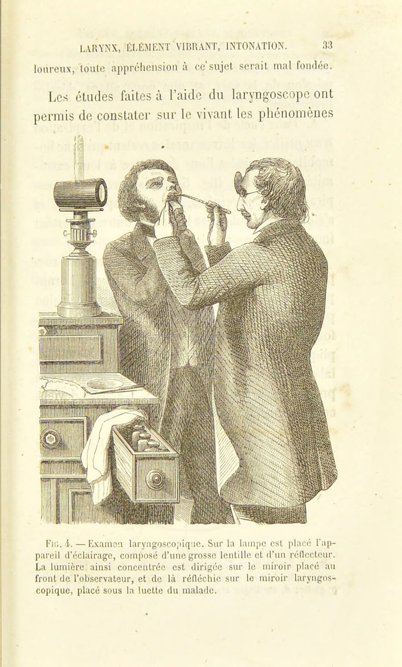 loareux, toute appréhension à ce'sujet serait mal fondée. Les études faites à l'aide du laryngoscope ont permis de constater sur le vivant les phénomènes Fii;. i.—Exiimc'.i lnryiigosco;uq!ic. Sur hi lainjic est |iiiu'é fiip- pareil d'éclairage, composé d'une grosse lentille cl d'un réilccleur. La lumière ainsi concentrée est dirigée sur le miroir placé au front de Tobservateur, et de là réfléchie sur le miroir laryngos- copique, placé sous la luette du malade. •