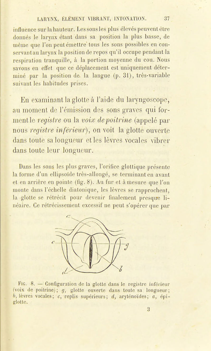 influence surlahauteur. Lessonsles plus élevés peuvent èlre donnés le larynx étant dans sa position la plus basse, de même que l'on peut émettre tous les sons possibles en con- servanlau larynx la position de repos qu'il occupe pendant la respiration tranquille, à la portion moyenne du cou. Nous savons en effet que ce déplacement est uniquement déter- miné par la position de la langue (p. 31), très-variable suivant les habitudes prises. En examinant la glotte à l'aide du laryngoscope, au moment de l'émission des sons graves qui for- ment le registre ou la voix de poitrine (appelé par nous registre inférieur), on voit la glotte ouverte dans toute sa longueur et les lèvres vocales vibrer dans toute leur longueur. Dans les sons les plus graves, l'orifice glottique présente la forme d'un ellipsoïde très-allongé, se terminant en avant et en arrière en pointe (flg. 8). Au fur et à mesure que l'on monte dans l'échelle diatonique, les lèvres se rapprochent, kl glotte se rétrécit pom' devenir finalement presqire li- néaire. Ce rétrécissement excessif ne peut s'opérer que par Fie. 8. — Configuralion de la glotte dans le registre inférieur (voix de poitrine); g, glotte ouverte dans toute sa longueur; b, lèvres vocales; c, replis supérieurs; cl, arjlénoïdes; a, épi- glotte. 3