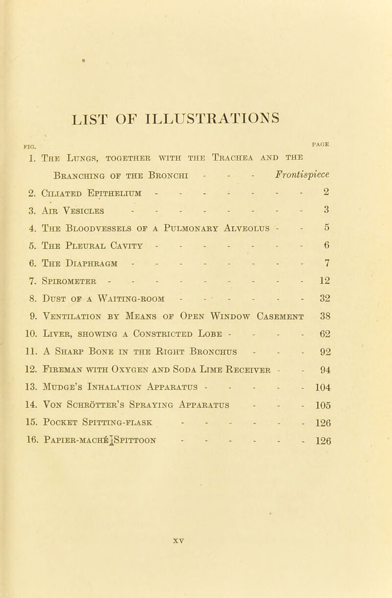 LIST OF ILLUSTRATIONS FIG. PA0K 1. The Lungs, together with the Trachea and the Branching op the Bronchi - - - Frontispiece 2. Ciliated Epithelium 2 3. Air Vesicles - - 3 4. The Bloodvessels op a Pulmonary Alveolus - - 5 5. The Pleural Cavity 6 6. The Diaphragm 7 7. Spirometer 12 8. Dust op a Waiting-room - - - - - - 32 9. Ventilation by Means of Open Window Casement 38 10. Liver, showing a Constricted Lobe 62 11. A Sharp Bone in the Right Bronchus 92 12. Fireman with Oxygen and Soda Lime Receiver - - 94 13. Mudge’s Inhalation Apparatus 104 14. Von Schrotter’s Spraying Apparatus - - - 105 15. Pocket Spitting-flask 126 16. Papier-machIsISpittoon 126