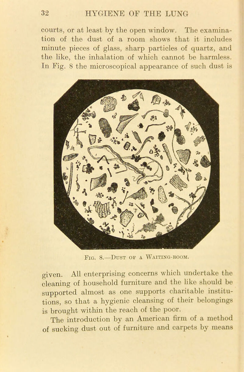 courts, or at least by the open window. The examina- tion of the dust of a room shows that it includes minute pieces of glass, sharp particles of quartz, and the like, the inhalation of which cannot be harmless. In Fig. 8 the microscopical appearance of such dust is Fig. 8.—Dust of a Waiting-room. given. All enterprising concerns which undertake the cleaning of household furniture and the like should be supported almost as one supports charitable institu- tions, so that a hygienic cleansing of their belongings is brought within the reach of the poor. The introduction by an American firm of a method of sucking dust out of furniture and carpets by means