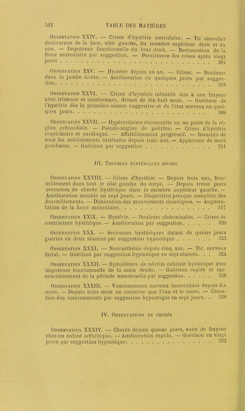 Obseuvation XXIV. — Grises d'hystérie conviilsive. — Tic convulsil' douloureux de la face, côté gauche, du membre supérieur droit et du cou. — Impotence fonctionnelle du bras droit. — Restauration de la force musculaire par suggestion. — Persistance des crises après vingt jours 30', Observation XXV. — Hystérie depuis un an. — Crises. — Douleurs dans la jambe droite. — Amélioration en quelques jours par sug^es- ^'0 %H Observation XXVI. — Crises d'hystérie infantile due à une frayeur avec tristesse et cauchemars, datant de dix-huit mois. — Guérison de l'hystérie dès la première séance suggestive et de l'état nerveux en quel- ques jours 309 Observation- XXVII. —- Hypéresthésie circonscrite en un point de la ré- gion précordiale. — Pseudo-angine de poitrine. — Crises d'hystérie respiratoire et cardiaque. — Affaiblissement progressif. — Insuccès de tous les médicaments instituées depuis trois ans. — Apparence de mort piochaine. — Guérison par suggestion 311 III. Troubles hystébiques divers Observation XXVIII. — Crises d'hystérie. — Depuis trois ans, four- millement dans tout le côté gauche du corps. — Depuis treize jours secousses de cliorée hystérique dans le membre supérieur gauche. — Amélioration notable en sept jours. — Disparition presque complète des /ourmillements. — Diminution des mouvements choréiques. — Augmen- tation de la force musculaire 317 Observation XXIX. — Hystérie. —Douleurs abdominales. — Crises de contracture hystérique.— Amélioration par suggestion 320 OBSERV.vriON XXX. — Secousses hystériques datant de quinze jours guéries en deux séances par suggestion hypnotique 323 Observation X.YXI. — Neurasthénie depuis cinq ans. — Tic nerveux facial. — Guérison par suggestion hypnotique en septséances. . . 324 Observation XXXII. — Symptômes de névrite cubitale hystérique avec impotence fonctionnelle de la main droite. — Guérison rapide et rac- courcissement de la période menstruelle par suggestion 326 Observation XXXIII. — Vomissements nerveux incoercibles depuis dix mois. — Depuis trois mois ne conserve que l'eau et le sucre. — Cessa- tion des vomissements par suggestion hypnotique en sept jours. . 328 IV. Observations de chorée Observation XXXIV. — Chorée depuis quinze jours, suite de frayeur chez un enfant arthritique. — Amélioration rapide. — Guérison en vini^t jours par suggestion hypnotique ^>5-