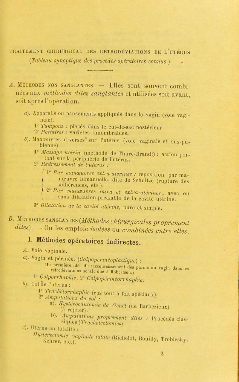 TRAITEMENT CUlllURGlCAL DES UÉTKODÉVIATIONS DE l'uTÉKUS {Tableau synoptique des procédés opératoires connus.) A. MÉïaoDES NON SANGLANTES. — Elles sont souvent combi- nées aux méthodes dites sanglantes et utilisées soit avant, soit après l'opération. a) . Appareils ou pansements appliqués dans le vagin (voie vagi- nale).  1° Tampons : placés dans le cul-de-sac postérieur. 2° Pessaires : variétés innombrables. b) . Manœuvres diverses' sur l'utérus (voie vaginale et sus-pu- bienne). 1° Massage utérin (méthode de Ïhure-Brandl) : action poi- tant sur la périphérie de l'utérus. 2» Redressement de l'utérus : 1° Par manœuvres extra-utérines : reposition par ma- nœuvre bimanuelle, dite de Schultze (rupture des V adhérences, etc.). I 2» Par manœuvres inlra et extra-utérines, avec ou i sans dilatation préalable de la cavité utérine. 3» Dilatation de la cavité utérine, pure et simple. B. MÉmoDESSAî^GLAmES (Méthodes chirurgicales proprement dites). — On les emploie isolées ou combinées entre elles. I. Méthodes opératoires indirectes. A. Voie vaginale. a) . Vagin et périnée. (Colpopérinéoplastique) : aa première i<lée du .-accourci.scu.nt des parois du vagiu dans les retrodevutions serait due à Uoberlson.) 1 Colporrhaphie, 2° Colpopérinéorriiaphie b) . Col cle l'utérus : 00 '^.''■«'-•^'f (cas tout à fait spéciaux). 1 Amputations du col : a), nyslérocaulomio de Genêt (de Barbezieux) (a rojcier). ' h). Amputations proprement dites : Procédés clas- siques ( 7 rachéleclomies). Utérus eu totalité :