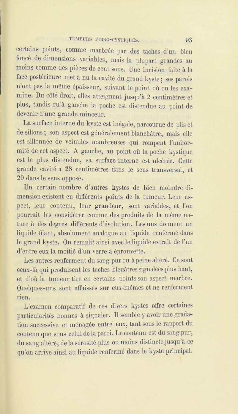certains points, comme marbrée par des taches d’un bleu foncé de dimensions variables, mais la plupart grandes au moins comme des pièces de cent sous. Une incision faite à la face postérieure met à nu la cavité du grand kyste ; ses parois n ont pas la meme épaisseur, suivant le point où on les exa- mine. Du côté droit, elles atteignent jusqu’à 2 centimètres et plus, tandis qu à gauche la poche est distendue au point de devenir d’une grande minceur. La surface interne du kyste est inégale, parcourue de plis et de sillons 5 son aspect est généralement blanchâtre, mais elle est sillonnée de veinules nombreuses qui rompent l’unifor- mité de cet aspect. A gauche, au point où la poche kystique est le plus distendue, sa surface interne est ulcérée. Cette grande cavité a 28 centimètres dans le sens transversal, et 20 dans le sens opposé. Un certain nombre d’autres kystes de bien moindre di- mension existent en différents points de la tumeur. Leur as- pect, leur contenu, leur grandeur, sont variables, et l’on pourrait les considérer comme des produits de la môme na- ture à des degrés différents d’évolution. Les uns donnent un liquide filant, absolument analogue au liquide renfermé dans le grand kyste. On remplit ainsi avec le liquide extrait de l’un d’entre eux la moitié d’un verre à éprouvette. Les autres renferment du sang pur ou à peine altéré. Ce sont ceux-là qui produisent les taches bleuâtres signalées plus haut, et d’où la tumeur tire en certains points son aspect marbré. Quelques-uns sont affaissés sur eux-mêmes et ne renferment rien. L’examen comparatif de ces divers kystes offre certaines particularités bonnes à signaler. Il semble y avoir une grada- tion successive et ménagée entre eux, tant sous le rapport du contenu que sous celui de la paroi. Le contenu est du sang pur, du sang altéré, delà sérosité plus ou moins distincte jusqu a ce qu’on arrive ainsi au liquide renfermé dans le kyste principal.