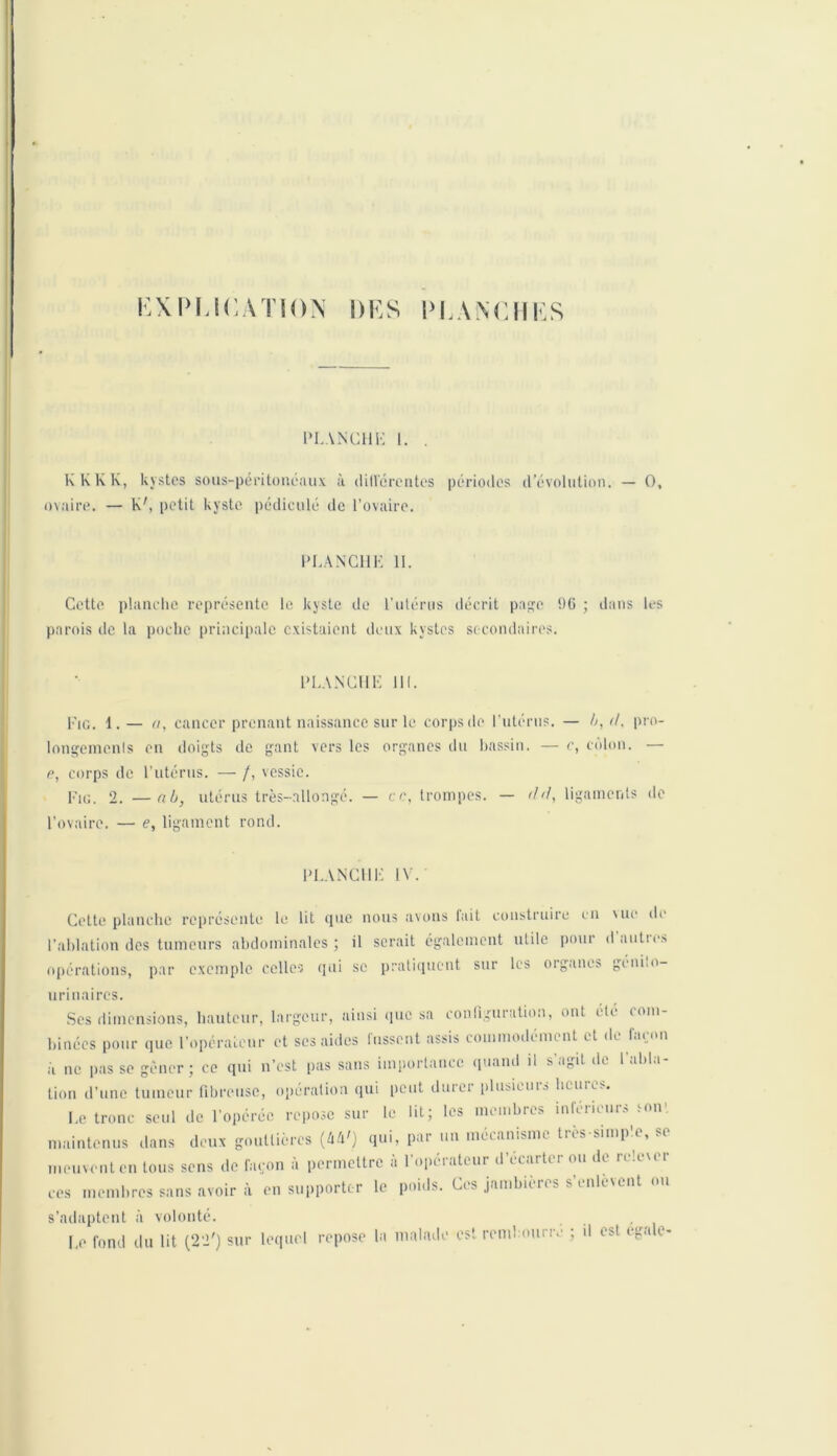 EXPLICATION DLS PLANCHES PLANCHÉ I. . K K K K, kystes sous-péritonéaux à dilférentes périodes d’évolution. — O, ovaire. — K', petit kyste pédicule de l’ovaire. PLANCHÉ II. Cette planche représente le kyste de l’utérus décrit page 96 ; dans les parois de la poche principale existaient deux kystes secondaires. PLANCHE III. Fig. 1.— a, cancer prenant naissance sur le corps de l’utérus. — h, ri, pro- longements en doigts de gant vers les organes du bassin. — c, colon. — e, corps de l’utérus. — /, vessie. Fig. 2. —nb, utérus très-allongé. — ce, trompes. — <1<1, ligaments de l’ovaire. — e, ligament rond. PLANCHÉ IV. Cette planche représente le lit que nous avons fait construire en vue de l’ablation des tumeurs abdominales; il serait également utile pour daulic* opérations, par exemple celles qui se pratiquent sur les organes geni.o- urinaires. Ses dimensions, hauteur, largeur, ainsi que sa configuration, ont été com- binées pour que l’opérateur et ses aides fussent assis commodément et de façon à ne pas se gêner; ce qui n’est pas sans importance quand il s agit de I aida tion d’une tumeur fibreuse, opération qui peut durer plusieurs heures. Le tronc seul de l'opérée repose sur le lit; les membres inférieurs ion maintenus dans deux gouttières (M'j qui, par un mécanisme très-simple, se meuvent en tous sens de façon à permettre à l’opérateur d’écarter ou de relever ces membres sans avoir à en supporter le poids. Ces jambières s'enlèvent ou s’adaptent à volonté. , Le fond du lit (22') sur lequel repose la malade est rembourre ; d est égale-