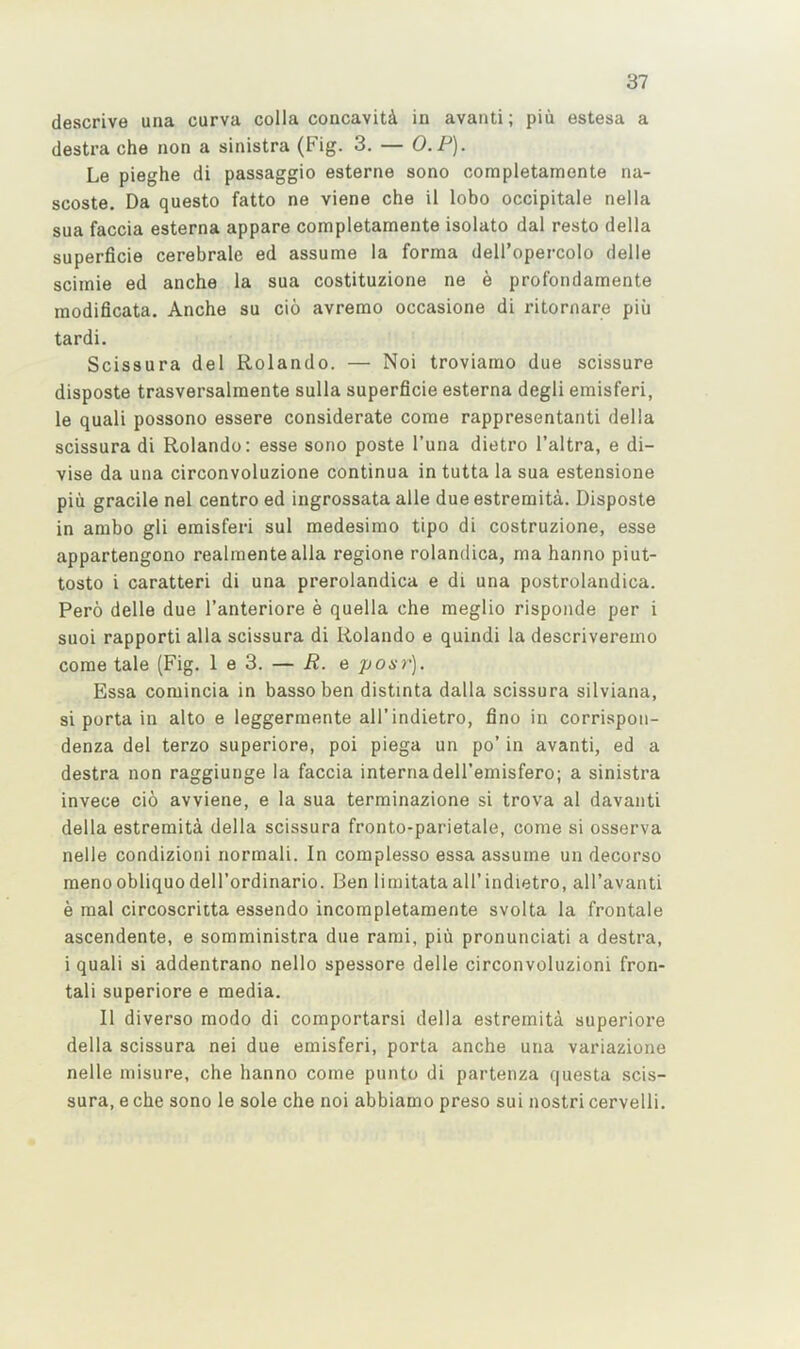 descrive una curva colla concavity in avaiiti; pin estesa a destra che non a sinistra (Fig. 3. — O.P). Le pieghe di passaggio esterne sono corapletamente na- scoste. Da questo fatto ne viene che il lobo occipitale nella sua faccia esterna appare completamente isolate dal resto della superficie cerebrale ed assume la forma dell’opercolo delle scimie ed anche la sua costituzione ne e profondamente modifleata. Anche su cio avremo occasione di ritornare piii tardi. Scissura del Rolando. — Noi troviarno due scissure disposte trasversalmente sulla superficie esterna degli emisferi, le quali possono essere considerate come rappresentanti della scissura di Rolando: esse sono poste I’una dietro I’altra, e di- vise da una circonvoluzione continua in tutta la sua estensione piu gracile nel centre ed ingrossata alle dueestremita. Disposte in ambo gli emisferi sul medesimo tipo di costruzione, esse appartengono realmentealla regione rolandica, ma hanno piut- tosto i caratteri di una prerolandica e di una postrolandica. Pero delle due I’anteriore e quella che meglio risponde per i suoi rapporti alia scissura di Rolando e quindi la descriveremo come tale (Fig. 1 e 3. — R. e pos7']. Essa comincia in basso ben distinta dalla scissura silviana, si porta in alto e leggermente all’indietro, fine in corrispon- denza del terzo superiore, poi piega un po’ in avanti, ed a destra non raggiunge la faccia internadell’emisfero; a sinistra invece cio avviene, e la sua terminazione si trova al davanti della estremita della scissura fronto-parietale, come si osserva nelle condizioni normali. In complesso essa assume un decorso meno obliquedell’ordinario. Ben limitataall’indietro, all’avanti e mal circoscritta essendo incompletamente svolta la frontale ascendente, e somministra due rami, piii pronunciati a destra, i quali si addentrano nello spessore delle circonvoluzioni fron- tal! superiore e media. II diverse mode di comportarsi della estremita superiore della scissura nei due emisferi, porta anche una variazione nelle misure, che hanno come punto di partenza questa scis- sura, e che sono le sole che noi abbiamo preso sui nostri cervelli.