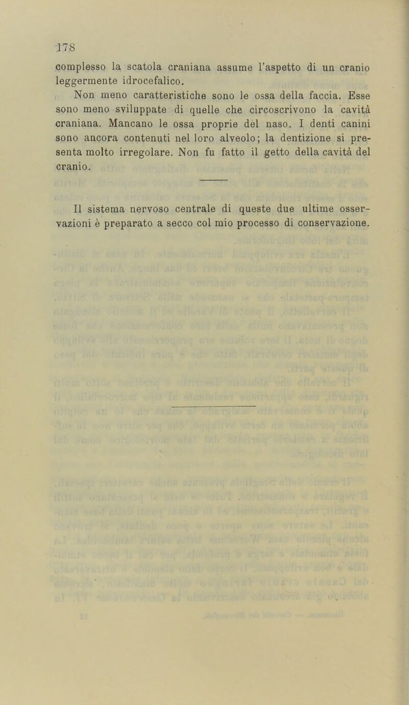 complesso la scatola craniana assume I’aspetto di un cranio leggermente idrocefalico. Non meno caratteristiche sono le ossa della faccia. Esse sono meno sviluppate di quelle che circoscrivono la cavity craniana. Mancano le ossa proprie del naso. I denti canini sono ancora contenuti nel loro alveolo; la dentizione si pre- senta molto irregolare. Non fu fatto il getto della cavita del cranio. II sistema nervoso centrale di queste due ultime osser- vazioni e preparato a secco col raio processo di conservazione.