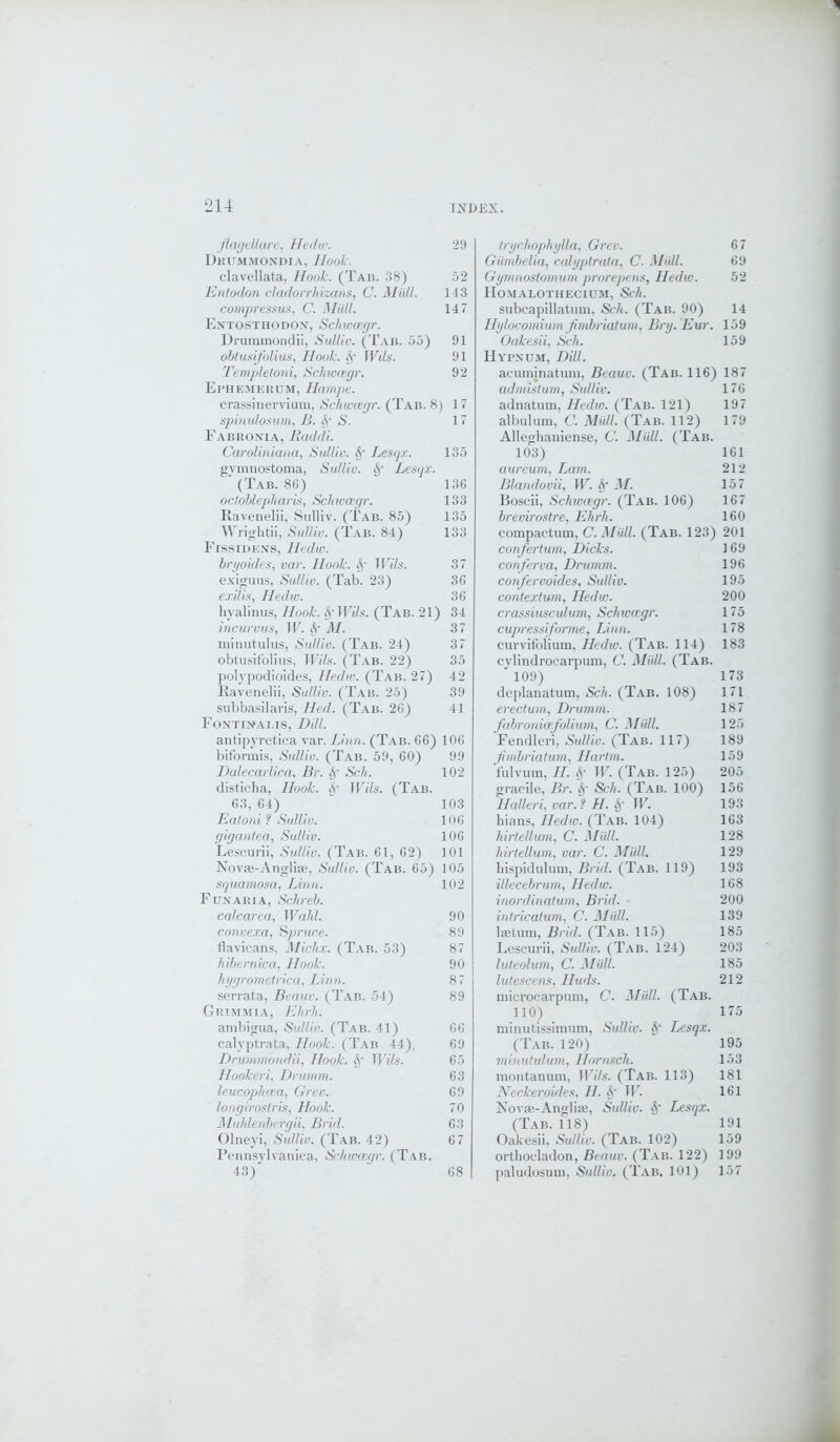 flagellare, Hedw. 29 Dkummondia, Hook. clavellata, Hook. (Tab. 38) 52 Entodon cladorrhizans, C. Mull. 143 compressus, C. Mull. 147 En'tosthodox, Schwcegr. Drummondii, Sulliv. (Tab. 55) 91 obtusi/olius, Hook. §■ Wils. 91 Templetoni, Schwcegr. 92 Ephemkrum, Hampe. crassinervium, Schwcegr. (Tab. 8) 17 spinulosum, B. § S. 17 Fabronia, Raddi. Caroliniana, Sulliv. Lesqx. 135 gvmnostoma, Sulliv. Lesqx. ' (Tab. 86) 136 ocloblepharis, Sclaccegr. 133 Ravenelii, Sulliv. (Tab. 85) 135 Wrightii, Sulliv. (Tab. 84) 133 Fissidens, Hedw. bryoides, var. Hook. §■ TFi'/s. 37 exiguus, Suttiv. (Tab. 23) 36 exilis, Hedw. 36 hyalinus, Hook. IfWUs. (Tab. 21) 34 incurvus, W. &r M. 37 minutulus, Sulliv. (Tab. 24) 37 obtusifolius, Wils. (Tab. 22) 35 polypodioides, Hedw. (Tab. 27) 42 Ravenelii, Sulliv. (Tab. 25) 39 subbasilaris, Hed. (Tab. 26) 41 Fontixahs, Dill. antipyretica var. Linn. (Tab. 66) 106 biformis, Sulliv. (Tab. 59, 60) 99 Dalecaiiica, Br. §• Sch. 102 disticha, Hook. &• Wils. (Tab. 63, 64) 103 Eatoni ? Sulliv. 106 gigantea, Sulliv. 106 Lescurii, Sulliv. (Tab. 61, 62) 101 Novse-Anglia?, Sulliv. (Tab. 65) 105 squamosa, Linn. 102 Funauia, Schreb. calcarea, Wahl. 90 convexa, Spruce. 89 flavicans, Michx. (Tab. 53) 87 hibernica, Hook. 90 hygrometrica, Linn. 87 serrata, Beam: (Tab. 54) 89 Grimmia, Elirh. ambigua, Sulliv. (Tab. 41) 66 calyptrata, Hook. (Tab 44). 69 Drummondii, Hook. Sj Wils. 65 Hookeri, Drumm. 63 leucopluea, Grev. 69 longirostris, Hook. 70 Muhlenbergii, Brid. 63 Olneyi, Sulliv. (Tab. 42) 6 7 Pennsvlvanica, Schwcegr. (Tab. 43) 68 trychophylla, Grev. 67 Giimbelia, calyptrata, C. Miill. 69 Gijmnostomum prorepens, Hedw. 52 HOMALOTHECIUM, Sch. subcapillatum, Sch. (Tab. 90) 14 Hylocomvum fimbriatum, Bry. Eur. 159 Oakesii, Sch. 159 Hypnum, Dili. acuminatum, Bcauc. (Tab. 116) 187 admistum, Sulliv. 176 adnatum, Hedw. (Tab. 121) 197 albulum, C. Mull. (Tab. 112) 179 Alleghaniense, C. Midi. (Tab. 103) 161 aureum, Lam. 212 Blandovii, W. M. 157 Boscii, Schwcegr. (Tab. 106) 167 brevirostre, Ehrh. 160 compactuin, C.Midi. (Tab. 123) 201 confertum, Dicks. 169 conferva, Drumm. 196 confervoides, Sulliv. 195 contextum, Hedw. 200 crassiusculum, Schwcegr: 175 cupressiforme, Linn. 178 curvifolium, Hedw. (Tab. 114) 183 cylindroearpum, C. Midi. (Tab. 109) 173 deplanatum, Sch. (Tab. 108) 171 ereclum, Drumm. 187 fubroniccfolium, C. Midi. 125 Fendleri, Sulliv. (Tab. 117) 189 fimbriatum, Hartm. 159 fulvum, //. §■ W. (Tab. 125) 205 gracile, Br. S,- Sc-h. (Tab. 100) 156 Hatteri, var.? H. £ W. 193 hians, Hedw. (Tab. 104) 163 hirtellum, C. Midi. 128 hirtellum, var. C. Miill. 129 h'ispidulum, Brid. (Tab. 119) 193 illecebrum, Hedw. 168 inordinatum, Brid. 200 intricatum, C. Midi. 139 lajtuni, Britf. (Tab. 115) 185 Lescurii, Sulliv. (Tab. 124) 203 luteolum, C. Miill. 185 lutescens, Huds. 212 mieroearpuni, C. Miill. (Tab. 110) 175 minutissimum, Sulliv. Lesqx. (Tab. 120) 195 minutulum, Hornsch. 153 montanum, Wils. (Tab. 113) 181 Neckeroides, H. $ W. 161 Novas-Anglise, Sulliv. «-V Lesqx. (Tab. 118) 191 Oakesii, SuHw. (Tab. 102) 159 orthocladon, Bcauv. (Tab. 122) 199 paludosum, Sulliv. (Tab. 101) 157