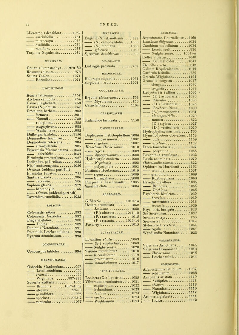 Tilicrotropis densiflora 1052 \ garcinifolia 761 microcarpa 975 ovalifblia 976 ramiflora 977 Turpinia Nepalensis.. ^ 972 KHAMNEf. Gouania leptostachya... .978 his Rhamnus hirsuta 978 Scutea Indica 1071 Rheediana 1071 LEGUMINOS^. Acacia latronum 1157 Atylosia candollii 754 Canavalia gladiata 753 Cassia (S.) obtusa 757 Crotalaria barbata 980 formosa 981 — Notonii 752 rubiginosa 885 —— semperflorens 982 Wallichiana 982 Dalbergia latifolia 1156 Desmaiithus triquitrus 756 Desmodiura rufescens 984 —— strangulatum 985 Edwardsia Madraspatana ..1054 ■ parvi folia 1054 Fleraingia procumbens 987 Indigofera pedicellata 983 Nicolsoniacongesta 1056 Ormosia (addend part 4th) Phasioliis lunatus 755 Smithia blanda 986 racemosa 986 Sophora glauca 979 heptaphylla 1155 robusta (addend part 4th) Taverniera cuneifolia 1055 ROSACE^;. Cotoneaster affinis 992 Cotoneaster buxifolia 992 Fragaria elatior 988 — Tndica 989 Photonia Notoniana 991 Potentilla LeschenauUiana ,. 990 Pygeum acuminatum 993 COMBRETACEiE. Gonocarpus latifolia 994 MELASTOMACEiE. Osbeckia Gardneriana 997 LeschenauUiana 996 truncata 996 .. Wightiana 997-998 Sonerila axillaris 1058 Brunonis 1057-1059 elegans 995-3 grandiflora 995 speciosa 995-2 versicolor.. ., 1057 MYRTACE^. Eugenia (S.) Amottiana .... 999 (S.) calophylifolia 1000 (S.) moMtana lOCO sylveslris 1060 Syzygeum densiflorum 999 ONAGRARI^;. Ludwigia prostrata 762 HALORAGEiE. Haloragis oligantha 1061 Serpicula hirsuta 1001 CUCURBITACEa:. Bryonia Hookeriana 758 Mysorensis 758 Cucurbitacea 1104 CRASSULACE^. Kalanchoe lacineata 1158 TJMBELLIFERjE. Bupleurum distichophyllura.1006 raraosissimum 1007 virgatum 1007 Heracleum Hookerianum... .1010 ——■ rigens 1009 Sprengeliuniim 1008 Hydrocotyle conferta 1002 Nepalensis 1002 polycephala 1003 Pastinaca Hookeriana 1010 . rigens 1009 Springeliana 1008 Pimpinella Leschenaullii .. 1005 Saniculaelata . .1004 ARALIACE^. Gilibertia , 1013-14 Hedera acuminata 1062 Jackiana 1062 (p.) obovata 1011-12 (p.) racemosa 1015 (P.) rostrata 1013-14 Faralropia 1015 loranthacejE. Loranthus elasticus 1063 (S.) euphorbia...... 1063 Neilgherrensis 1020 Viscum moiiiliforme 1018 j8 covaliforme 1119 orbiculatum 1016 — raraosissimum 1017 CAPRIFOLIACEiE. Lonicera (X.) ligustrina... .1025 Viburnum acuminatum.. ..1021 capitellatum 1022 hebanthum 1023 lantuna 1024 cpulus 1024 Wicilitianum 1024 RL'BIACE^. Argostomma Courtallense . .1160 Cunthium didymum 1034 Canlhiura urabellatam .. ..1034 Leschenaullii 826 Neilgherrense 1064 Us Coffea alptstris 1040 Grumelioides 1041 Denldla erecta 842 Galium Requienianum .. . .1042 Gardenia latifolia 759 Greenia Wightiana 1161 Grumelia congesta 1037 elongata 1036 congesta 1039 Hedyotis (A.) affinis 1030 (D.) articularis 1028 deltoidea 1030 (D.) Lawsoniee 1026 Leschenuultiunu 1030 (A.) monosperma .... 1031 plantaginij'olia 1029 ramosa 822 (D.) stylosa 1027 (D.) verticellaris 1029 Hydrophyllax maritima .... 760 Hymenodyction obovatum.. 1159 utile 1159 excelsum 1159 Ixora lanceolaria 827 ■ polyautha 1066 Lasianthus venulosus 1032 Lavvia acuminata 1070 Oldenlandia ravtosa 822 Opliiorrhiza Harrisonii .... 1162 eriantha ..1067 grandiflora 1069 Roxburghiana 1068 Pavetta breviflora 1035 Brunonis 1065 Rothiana 1065 Psychotria bisulcata 1039 bructiutu 1039 sarmentosa 1038 truncata 1039 Psychotria loevigata 828 Santiu venulosa 1032 Sarissvs anceps 760 Spermacoce 1042 Stylocorone cere/era 1064 —'-— rigida 1064 Wendlandia Notoniana .. ..1033 VALERIANEa;. Valeriana Amottiana 1045 Valeriana Brunoniana 1043 Hookeriana 1045 Leschenaultii 1044 COMPOSITjE. Adenostemma latifolium ..1087 reticulatum 1088 Anaphalis aristata 1119 ? elliptica 1118 oblonga 1118 Notoniana 1116 Wightiana 1117 Artimesia glabrata 1111 Indica 1112