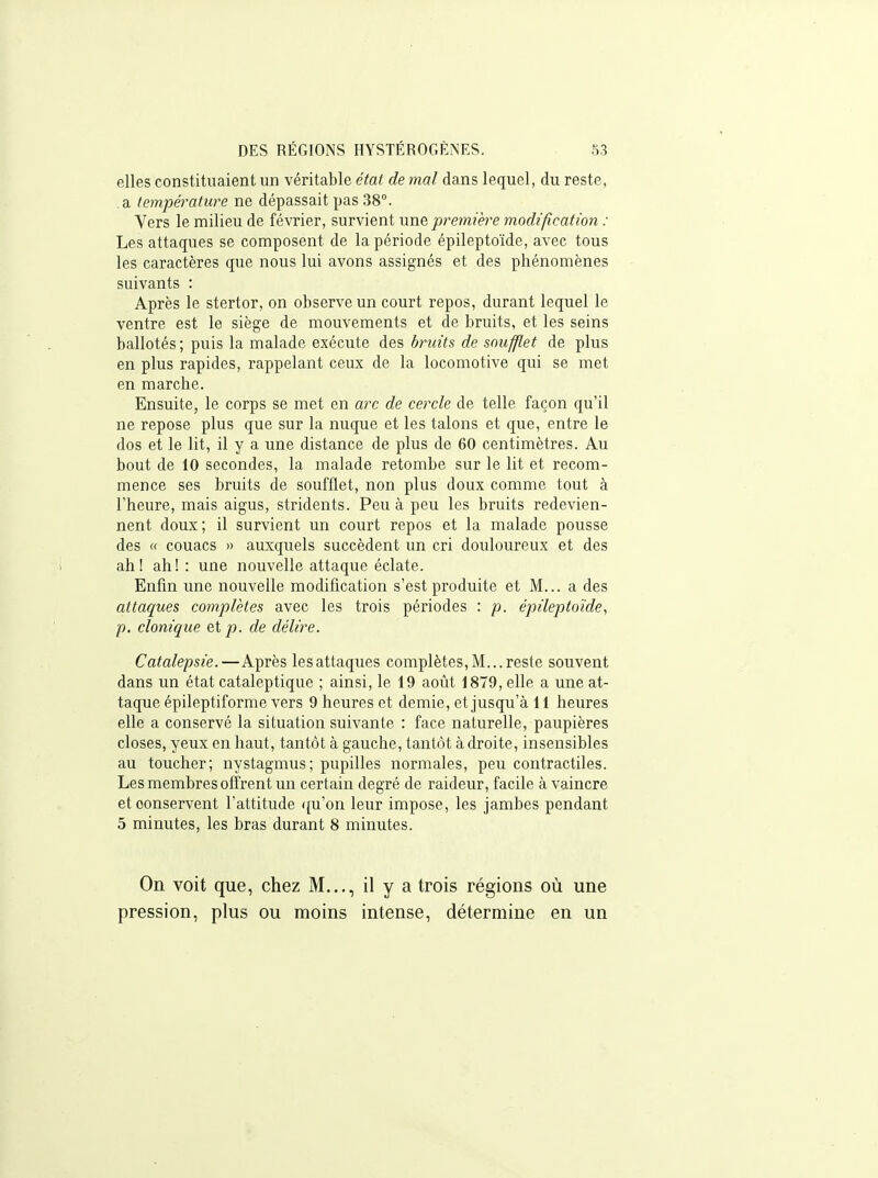 elles constituaient un véritable état de mal dans lequel, du reste, a température ne dépassait pas 38°. Yers le milieu de février, survient une première modification : Les attaques se composent de la période épileptoïde, avec tous les caractères que nous lui avons assignés et des phénomènes suivants : Après le stertor, on observe un court repos, durant lequel le ventre est le siège de mouvements et de bruits, et les seins ballotés ; puis la malade exécute des bruits de soufflet de plus en plus rapides, rappelant ceux de la locomotive qui se met en marche. Ensuite, le corps se met en arc de cercle de telle façon qu'il ne repose plus que sur la nuque et les talons et que, entre le dos et le lit, il y a une distance de plus de 60 centimètres. Au bout de 10 secondes, la malade retombe sur le lit et recom- mence ses bruits de soufflet, non plus doux comme tout à l'heure, mais aigus, stridents. Peu à peu les bruits redevien- nent doux; il survient un court repos et la malade pousse des « couacs )> auxquels succèdent un cri douloureux et des ah! ah! : une nouvelle attaque éclate. Enfin une nouvelle modification s'est produite et M... a des attaques complètes avec les trois périodes : p. épileptoïde^ p. clonique et p. de délire. Catalepsie.—Après les attaques complètes. M... reste souvent dans un état cataleptique ; ainsi, le 19 août 1879, elle a une at- taque épileptiforme vers 9 heures et demie, et jusqu'à 11 heures elle a conservé la situation suivante : face naturelle, paupières closes, yeux en haut, tantôt à gauche, tantôt adroite, insensibles au toucher; nystagmus; pupilles normales, peu contractiles. Les membres offrent un certain degré de raideur, facile à vaincre et conservent l'attitude qu'on leur impose, les jambes pendant 5 minutes, les bras durant 8 minutes. On voit que, chez M,.., il y a trois régions où une pression, plus ou moins intense, détermine en un