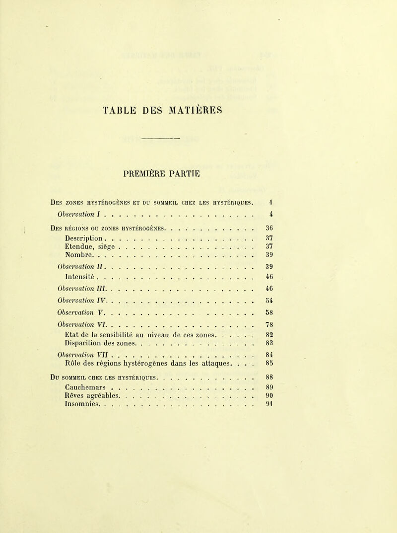 PREMIÈRE PARTIE Des zones hystérogènes et du sommeil chez les hystériques. 1 Observation I 4 Des régions ou zones hystérogènes 36 Description 37 Etendue, siège 37 Nombre 39 Observation II 39 Intensité 46 Observation III 46 Observation IV 34 Observation V b8 Observation VI 78 Etat de la sensibilité au niveau de ces zones 82 Disparition des zones 83 Observation VII 84 Rôle des régions hystérogènes dans les attaques. ... 85 Du SOMMEIL chez LES HYSTÉRIQUES 88 Cauchemars 89 Rêves agréables 90 Insomnies 91