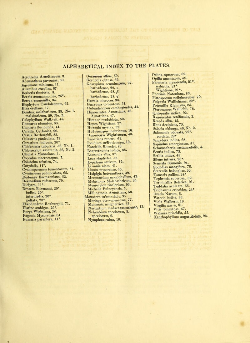 ALPHABETICAL INDEX TO THE PLATES. Acrotrema Arnottianum. 3. Adenanthera pavonina, 80. Agremone mixicana, 11. Ailanthus excellsa, 67- Berberis tinctoria, 8. Ber?ia ammannioides, 25*. Berrya ammonilla, 34. Biophytum Candoleanum, 62. Bixa orellana, 17. Bombax malabaricum, 29, No. 1. malabaricum, 29, No. 2. Calophyllum Walkerii, 45, Connarus pinnatus, 63. Capparis flonbunda, 14. Carallia Cejlanica, 90. Cassia Roxburghii, 83. Celastrus paniculata, 72, Cerastium indicura, 26*. Chickrassia tubularis, 56, No. 1. Chloroxylon swietenia, 56, No. 2. Clematis Munroiana, 1. Cocculus macrocarpus, 7. Colubrina asiatica, 74. Corydaiis, ll*. Cyanospermum tomentosum, 84. Cyminosma pedunculata, 65. Dodonaea Burmanniana, 52. Desmodium rufescens, 79. Dielytra, 11*. Drosera Burmanni, 20*. indica, 20*. intermedia, 20*. peltata, 20*. Elaeodendron Roxburghii, 71. Elatine ambigua, 25*. Eurya Wightiana, 38. Fagonia Mysorensis, 64. Fumaria parviflora, 11*. Geranium affine, 59. Gordonia obtusa, 39. Gossypium acuminatum, 27. barbadense, 28, a. barbadense, 28, |3. barbadense, 28, <Y- Grewia microcos, 33. Guazuma tomentosa, 31. Hebradendron cambogioides, 44, Hipnocratea Arnottiana, 46. Arnottiana. 47. Hipta^e madablota, 50. Hopea Wightiana, 37. Huionia mystax, 32. Hvdnocarpns inebrianus, 16. Hypericum Wightianum, 43. Imoa*iens repens, 61. Tonidium suflFruticosutu, 19= Kandelia Rheedei; 89. Lagerstremia indica, 88. Lawsonia alba, 87. Leea staphylea, 58. L°pidium sativum, 12. Li nonia alata, 41. Linum mvsorense, 60. Malpigia heteranthera, 49. Mecromelum monophvllum, 42. Melastoma Malabathricum, 95. Memecvlon tinclorium, 93. Michelia Pulneyensis, 5. Millingtonia Arnottiana, 53. Monocera tuberculata, 35. ' Moringa ptervscosperma, 77. Munronia neilgherrica, 54. Nasturtium madacagascariense, Nelumbium speciosum, 9. sp°ciosum, 9. Nymphaea rubra, 10. Ochna squarrosa, 69. Opilia amentacea, 40. Parnassia mysorensis, 21*. nubicola, 21*. Wightiana, 21*. Photinia Notoniana, 86. Pittosporum neilgherrense, 70. Polygala Wallichiana, 22*. Potentilla Kleiniana, _85. Pterocarpus Wallichii, 78. Quisqualis indica, 92. Ranunculus reniformis, 2. Reseda alba. 15. Rhus decipiens, 75. Salacia oblonga, 46, No. 2. Salomonia obovata, 22*. cordata, 22*. Samadera indica, 68. Sapindus emarginatus, 51 Schumacheria castaneaefolia, 4. Scutia indica, 73. Sethia indica, 48. Silene intrusa, 26*. Sonerila Brunonis, 94. Spondias mangifera, 76. Sterculia balanghas, 30. Tamarix gallica, 24*. Tephrosia suberosa, 82. Terminallia Belerica, 91. Toddalia aculeata, 66. Trichaurus ericoides, 24*. Uvaria Narum, 6. Vateria indica, 36. Viola Walkerii, 18. Virgilia aur. a, 81. Vitis tomentosa, 57. Walsura priscidia, 55. Xanthophyllum angustifolum, 23.