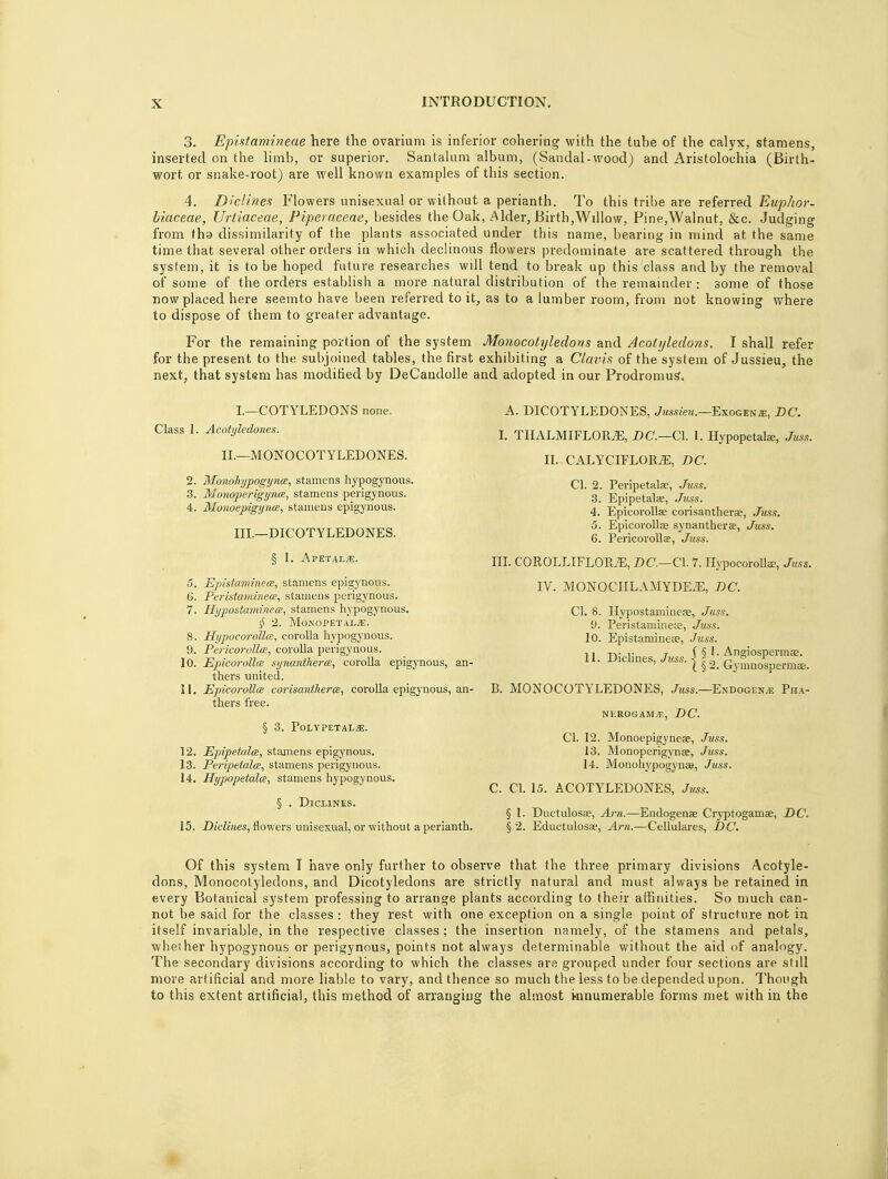 3. Epistamineae here the ovarium is inferior cohering with the tube of the calyx, stamens, inserted on the limb, or superior. Santalum album, (Sandal-wood) and Aristolochia (Birth- wort or snake-root) are well known examples of this section. 4. Declines Flowers unisexual or without a perianth. To this tribe are referred Euphor- biaceae, Urtiaceae, Piperaceae, besides the Oak, Alder, Birth,Willow, Pine,Walnut, &c. Judging from thg dissimilarity of the plants associated under this name, bearing in mind at the same time that several other orders in which declinous flowers predominate are scattered through the system, it is to be hoped future researches will tend to break up this class and by the removal of some of the orders establish a more natural distribution of the remainder : some of those now placed here seemto have been referred to it, as to a lumber room, from not knowing where to dispose of them to greater advantage. For the remaining portion of the system Monocotyledons and Acotyledons. I shall refer for the present to the subjoined tables, the first exhibiting a Clavis of the system of Jussieu, the next, that system has modified by DeCandolle and adopted in our Prodromus*. I—COTYLEDONS none. Class 1. Acotyledones. II.—MONOCOTYLEDONES. 2. Monohypogynce, stamens hypogynous. 3. Monoperigynce, stamens perigynous. 4. Monoepigynce, stamens epigynous. III.—DICOTYLEDONES. § I. Apetai.^. 5. Epistaminea, stamens epigynous. 6. Pe?-istaminece, stamens perigynous. 7. Hypostaminece, stamens hypogynous. # 2. MoNOPETALjE. 8. llypocorolla, corolla hypogynous. 9. Pericorolloe, corolla perigynous. 10. Epicorolla synanthe?-ce, corolla epigynous, an- thers united. 11. Epicorolla corisantherce, corolla epigynous, an- thers free. § 3. Polypetal.se. 12. Epipetalce, stamens epigynous. 13. Peripetala, stamens perigynous. 14. Hypopetalce, stamens hypogynous. § . Diclines. 15. Diclines, flowers unisexual, or -without a perianth. A. DICOTYLEDONES, Jussieu.—Exogenje, DC. I. THALMIFLOBJE, DC.—CI. 1. Hypopetala;, Juss. II. CALYCIFLOBJE, DC. CI. 2. Peripetalae, Juss. 3. Epipetalae, Juss. 4. Epicorollae corisantherae, Juss. 5. Epicorollae synantherae, Juss. 6. Pericorollee, Juss. III. COROLLIFLOILE, DC.—CI. 7. Hypocorollae, Juss. IV. MONOCIILAMYDEiE, DC. CI. 8. Hypostamineae, Juss. 0. Peristamineee, Juss. 10. Epistamineae, Juss. 11. Diclines, { f i Angiospermae. ( § 2. Gymnospermae. B. MONOCOTYLEDONES, Juss.—Endogen^ Pha- nerogams, DC. CI. 12. Monoepigyneae, Juss. 13. Monoperigynae, Juss. 14. Monohypogynae, Juss. C. CI. 15. ACOTYLEDONES, Juss. § 1. Ductulosae, Am.—Endogenae Cryptogamae, DC. § 2. Eductulosas, Am.—Cellulares, DC. Of this system I have only further to observe that the three primary divisions Acotyle- dons, Monocotyledons, and Dicotyledons are strictly natural and must always be retained in every Botanical system professing to arrange plants according to their affinities. So much can- not be said for the classes : they rest with one exception on a single point of structure not in itself invariable, in the respective classes; the insertion namely, of the stamens and petals, whether hypogynous or perigynous, points not always determinable without the aid of analogy. The secondary divisions according to which the classes are grouped under four sections are still more artificial and more liable to vary, and thence so much the less to be depended upon. Though to this extent artificial, this method of arranging the almost innumerable forms met with in the
