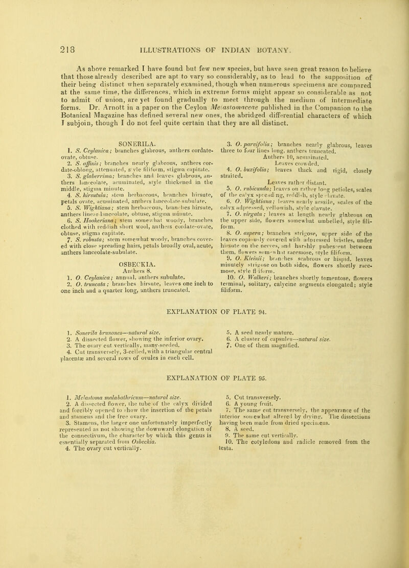 As above remarked I have found but few new species, but have seen great reason to believe that those already described are apt to vary so considerably, as to lead to the supposition of their being distinct when separately examined, though when numerous specimens are compared at the same time, the differences, which in extreme forms might appear so considerable as not to admit of union, are yet found gradually to meet through the medium of intermediate forms. Dr. Arnott in a paper on the Ceylon Metastomacene published in the Companion to the Botanical Magazine has defined several new ones, the abridged differential characters of which J subjoin, though I do not feel quite certain that they are all distinct. SONERILA. 1. S. Ceylanica; branches glabrous, anthers cordate- ovate, obtuse. 2. S. affinis; branches nearly glabrous, anthers cor- date-oblong, attenuated, slyle.filiform, stigma capitate. 3. S. glaberrima; branches and leaves glabrous, an- thers lanceolate, acuminated, style thickened in the middle, stigma minute. 4. S. hirsutula; stem herbaceous, branches hirsute, petals ovate, acuminated, anthers lanceolate-subulate. 5. S. Wightiana; stem herbaceous, branches hirsute, anthers linear-lanceolate, obtuse, stigma minute. 6. S. Hookeriana; siem somewhat woody, branches clothed with reddish short wool, anthers cordate-ovate, obtuse, stigma capitate. 7. S. robusta; stem somewhat woody, branches cover- ed with close spreading hairs, petals broadly oval, acute, anthers lanceolate-subulate. OSBECKIA. Am hers 8. 1. O. Ceylanica; annual, anthers subulate. 2. O. truncata ; branches hirsute, leaves one inch to one inch and a quarter long, anthers truncated. 3. O.parvifolia; branches nearly glabrous, leaves three to four lines long, anthers truncated. Anthers 10, acuminated. Leaves crowded. 4. O. buxifolia; leaves thick and rigid, closely straited. Leaves rather distant. 5. 0. rubicunda; leaves on rather lo^g petioles, scales of the ca'ys spreading, reddish, style chivate. 6. O. Wightiana; leaves nearly sessile, scales of the calyx adpressed, yellowish, style clavate. 7. O.virgata; leaves at length nearly glabrous on the upper side, flowers somewhat umbelled, style fili- form. 8. O.aspera; branches strigose, upper side of the leaves copiously covered with adpressed bristles, under hirsute on the nerves, and harshly pubescent between them, flowers somewhat racemose, ?tyle filiform. 9. O. Kleinii; bran dies scabrous or hispid, leaves minutely strigose on both sides, flowers shortly race- mose, style fl iform. 10. O. Walkeri; branches shortly tomentose, flowers terminal, solitary, calycine segments elongated; style filiform. EXPLANATION OF PLATE 94. 1. Sonerila brunones—natural size. 5. A seed nearly mature. 2. A dissected flower, showing the inferior ovary. 6. A cluster of capsules—natural size. 3. The ovary cut vertically, many-seeded. 7. One of them magnified. 4. Cut transversely, 3-celied, with a triangular central placentae and several rows of ovules in each cell. EXPLANATION OF PLATE 95. 1. Melastoma malabathricum—natural size. 2. A dissected flower, the tube of the calyx divided and forcibly opened to show the insertion of the petals and stamens and the free ovary. 3. Stamens, the larger one unfortunately imperfectly represented as not showing the downward elongation of the connectivum, the character by which this genus is essentially separated from Osbeckia. 4. The ovary cut vertically. 5. Cut transversely. 6. A young fruit. 7. The same cut transversely, the appearance of the interior somewhat altered by drying. The dissections having been made from dried speciu.ens. 8. A seed. 9. The same cut vertically. 10. The cotyledons and radicle removed from the testa.