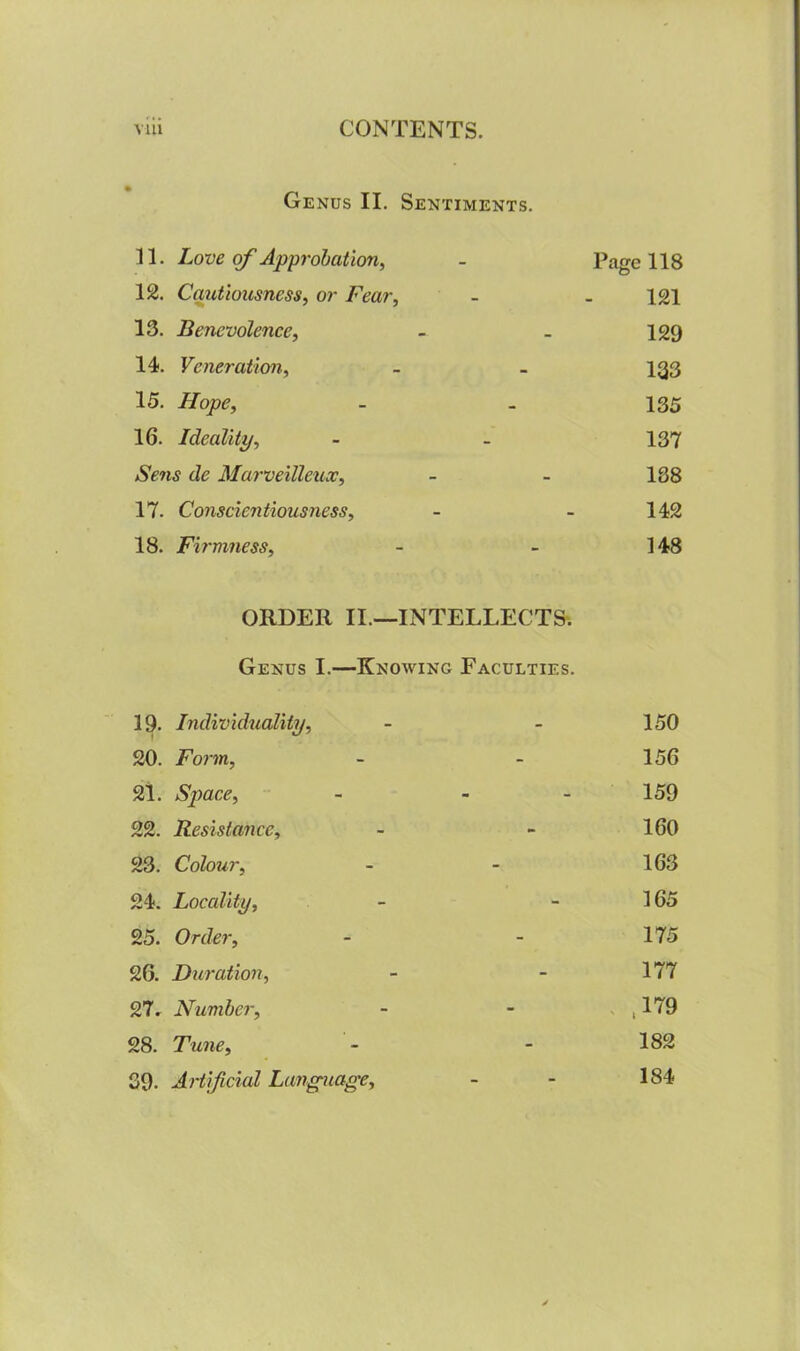 Genus II. Sentiments. 11. Love of Approbat ion, Page 118 12. Cautiousness, or Fear, 121 13. Benevolence, 129 14. Veneration, 133 15. Hope, 135 16. Ideality, 137 Sens de Marveilleux, 188 17. Conscientiousness, 142 18. Firmness, 348 ORDER II.—INTELLECTS. Genus I.—Knowing Faculties. 3 9- Individuality, 20. Form, 21. Space, 22. Resistance, 23. Colour, 24. Locality, 25. Order, 26. Duration, 27. Number, 28. Tune, 39. Artificial Language, 150 156 159 160 163 365 175 177 , 179 182 184