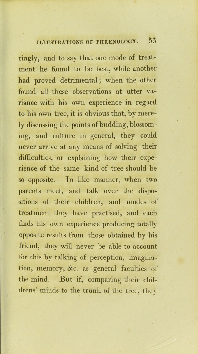 ringly, and to say that one mode of treat- ment he found to be best, while another had proved detrimental; when the other found all these observations at utter va- riance with his own experience in regard to his own tree, it is obvious that, by mere- ly discussing the points of budding, blossom- ing, and culture in general, they could never arrive at any means of solving their difficulties, or explaining how their expe- rience of the same kind of tree should be so opposite. In - like manner, when two parents meet, and talk over the dispo- sitions of their children, and modes of treatment they have practised, and each finds his own experience producing totally opposite results from those obtained by his friend, they will never be able to account for this by talking of perception, imagina-' tion, memory, &c. as general faculties of the mind. But if, comparing their chil- drens’ minds to the trunk of the tree, they