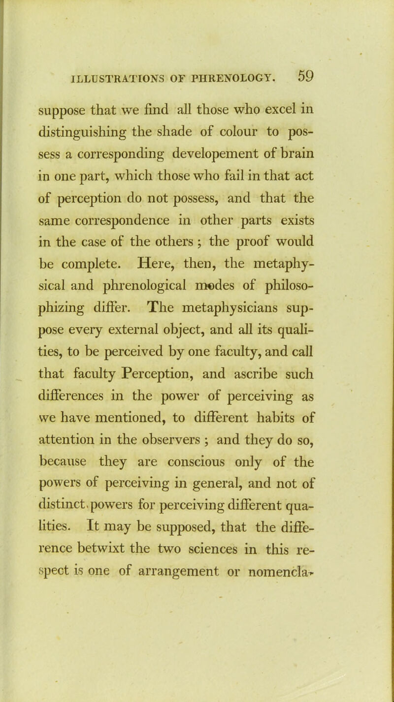 suppose that we find all those who excel in distinguishing the shade of colour to pos- sess a corresponding developement of brain in one part, which those who fail in that act of perception do not possess, and that the same correspondence in other parts exists in the case of the others ; the proof would be complete. Here, then, the metaphy- sical and phrenological modes of philoso- phizing differ. The metaphysicians sup- pose every external object, and all its quali- ties, to be perceived by one faculty, and call that faculty Perception, and ascribe such differences in the power of perceiving as we have mentioned, to different habits of attention in the observers ; and they do so, because they are conscious only of the powers of perceiving in general, and not of distinct, powers for perceiving different qua- lities. It may be supposed, that the diffe- rence betwixt the two sciences in this re- spect is one of arrangement or nomencla*