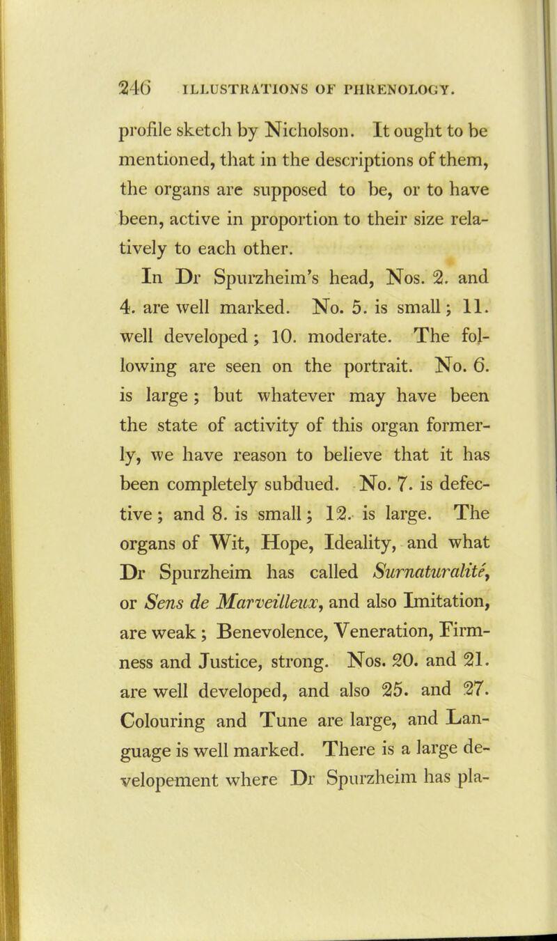profile sketch by Nicholson. It ought to be mentioned, that in the descriptions of them, the organs are supposed to be, or to have been, active in proportion to their size rela- tively to each other. In Dr Spurzheim’s head, Nos. 2. and 4. are well marked. No. 5. is small; 11. well developed ; 10. moderate. The fol- lowing are seen on the portrait. No. 6. is large ; but whatever may have been, the state of activity of this organ former- ly, we have reason to believe that it has been completely subdued. No. 7- is defec- tive ; and 8. is small; 12. is large. The organs of Wit, Hope, Ideality, and what Dr Spurzheim has called Surnaturalite, or Sens de Marveitleux, and also Imitation, are weak; Benevolence, Veneration, Firm- ness and Justice, strong. Nos. 20. and 21. are well developed, and also 25. and 27. Colouring and Tune are large, and Lan- guage is well marked. There is a large de- velopement where Dr Spurzheim has pla-