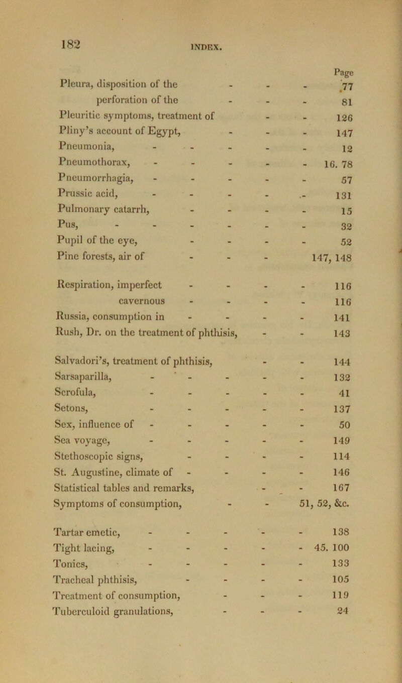 Page Pleura, disposition of the - - >7 j)erforation of the - - 81 Pleuritic symptoms, treatment of - - 126 Pliny’s account of Egypt, - - 147 Pneumonia, - - _ 12 Pneumothorax, ... - - 16. 78 Pneumorrhagia, - . _ - - 57 Prussic acid, - . . - 131 Pulmonary catarrh, - - 15 Pus, - - - . - - 32 Pupil of the eye, - - 52 Pine forests, air of - - - 147, 148 Respiration, imperfect - - 116 cavernous - - 116 Russia, consumption in - - - 141 Rush, Dr. on the treatment of phthisis. - - 143 Salvadori’s, treatment of phthisis. . . 144 Sarsaparilla, - * - - - 132 Scrofula, ... - - 41 Setons, - - - 137 Sex, influence of - - - 50 Sea voyage, - - - 149 Stethoscopic signs. - - 114 St. Augustine, climate of - - - 146 Statistical tables and remarks. - - 167 Symptoms of consumption. - 51 , 52, &c. Tartar emetic, - - 138 Tight lacing, . - - - - 45. 100 Tonics, ' - - 133 Tracheal phthisis. - - 105 Treatment of consumption. - - 119 Tuberculoid granulations. - - 24