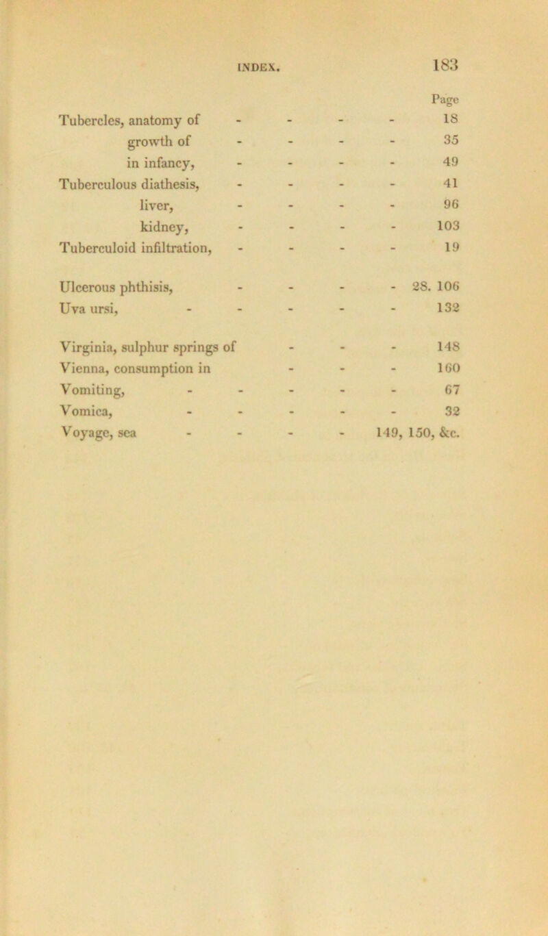 Tubercles, anatomy of growth of in infancy, Tuberculous diathesis, liver, kidney. Tuberculoid infiltration, Page 18 35 49 41 96 103 ■ 19 Ulcerous phthisis, - - - - 28. 106 Uva ursi, - - - - - 132 Virginia, sulphur springs of Vienna, consumption in Vomiting, Vomica, Voyage, sea 148 160 67 32 &c. 149, 150,