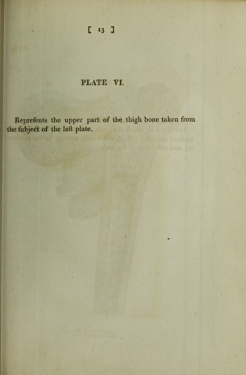 [ *3 3 PLATE VI. Reprefents the upper part of the thigh bone taken from the fubjeft of the laft plate. i