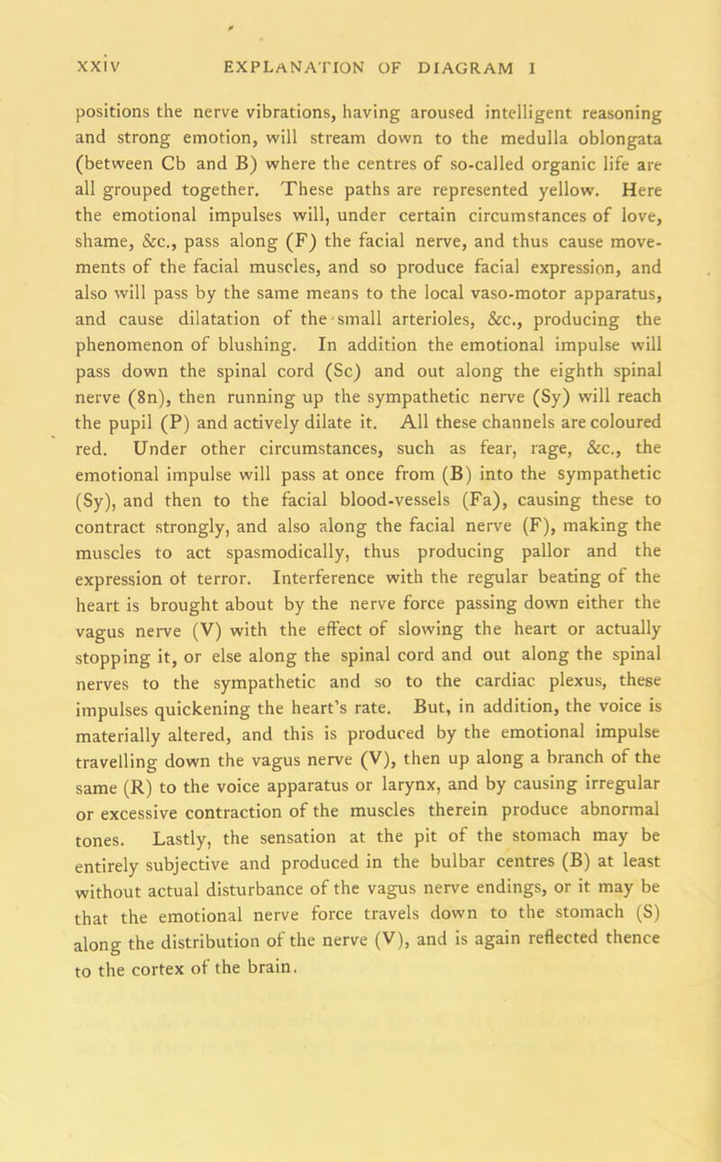 positions the nerve vibrations, having aroused intelligent reasoning and strong emotion, will stream down to the medulla oblongata (between Cb and B) where the centres of so-called organic life are all grouped together. These paths are represented yellow. Here the emotional impulses will, under certain circumstances of love, shame, See., pass along (F) the facial nerve, and thus cause move- ments of the facial muscles, and so produce facial expression, and also will pass by the same means to the local vaso-motor apparatus, and cause dilatation of the small arterioles, &c., producing the phenomenon of blushing. In addition the emotional impulse will pass down the spinal cord (Sc) and out along the eighth spinal nerve (8n), then running up the sympathetic nerve (Sy) will reach the pupil (P) and actively dilate it. All these channels are coloured red. Under other circumstances, such as fear, rage, See., the emotional impulse will pass at once from (B) into the sympathetic (Sy), and then to the facial blood-vessels (Fa), causing these to contract strongly, and also along the facial nerve (F), making the muscles to act spasmodically, thus producing pallor and the expression ot terror. Interference with the regular beating of the heart is brought about by the nerve force passing down either the vagus nerve (V) with the effect of slowing the heart or actually stopping it, or else along the spinal cord and out along the spinal nerves to the sympathetic and so to the cardiac plexus, these impulses quickening the heart’s rate. But, in addition, the voice is materially altered, and this is produced by the emotional impulse travelling down the vagus nerve (V), then up along a branch of the same (R) to the voice apparatus or larynx, and by causing irregular or excessive contraction of the muscles therein produce abnormal tones. Lastly, the sensation at the pit of the stomach may be entirely subjective and produced in the bulbar centres (B) at least without actual disturbance of the vagus nerve endings, or it may be that the emotional nerve force travels down to the stomach (S) along the distribution of the nerve (V), and is again reflected thence to the cortex of the brain.