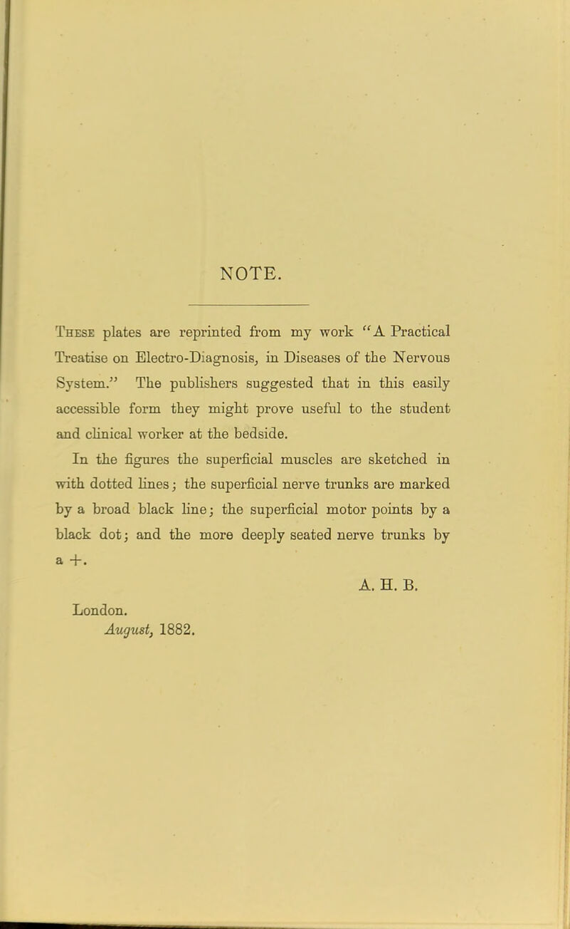 NOTE. These plates are reprinted from my work “A Practical Treatise on Electro-Diagnosis, in Diseases of the Nervous System.” The publishers suggested that in this easily accessible form they might prove useful to the student and clinical worker at the bedside. In the figures the superficial muscles are sketched in with dotted lines; the superficial nerve trunks are marked by a broad black line; the superficial motor points by a black dot; and the more deeply seated nerve trunks by a +. A. H. B. London. August, 1882.