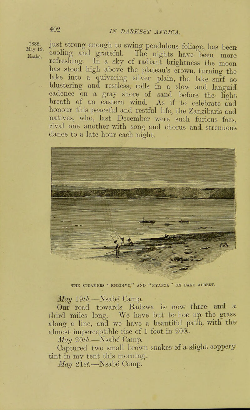 M^yi'g Just stronS enougn to swing pendulous foliage, lias been Nsaw.' coollng and grateful. The nights have been more, refreshing. In a sky of radiant brightness the moon has stood high above the plateau's crown, turning the lake into a quivering silver plain, the lake surf so- blustering and restless, rolls in a slow and. languid cadence on a gray shore of sand before the- light breath of an eastern wind. As if to celebrate and honour this peaceful and restful life, the Zanzibaris and natives, who, last December were such furious foes, rival one another with song and chorus and. strenuous dance to a late hour each night. THE STEAMERS KHEDIVE, AND  NYANZA :' ON LAKE ALBEKT.. May 19 th.—Nsabe' Camp. Our road towards Badzwa is now thnee and, ai third miles long. We have but to' hoe' up> the grass along a line, and we have a beautiful pathi,. with the almost imperceptible rise of 1 foot in 200.. May 20th.—Nsabe' Camp. Captured two small brown snakes of a; slight coppery tint in my tent this morning.. May 21st:—Nsabe Camp.