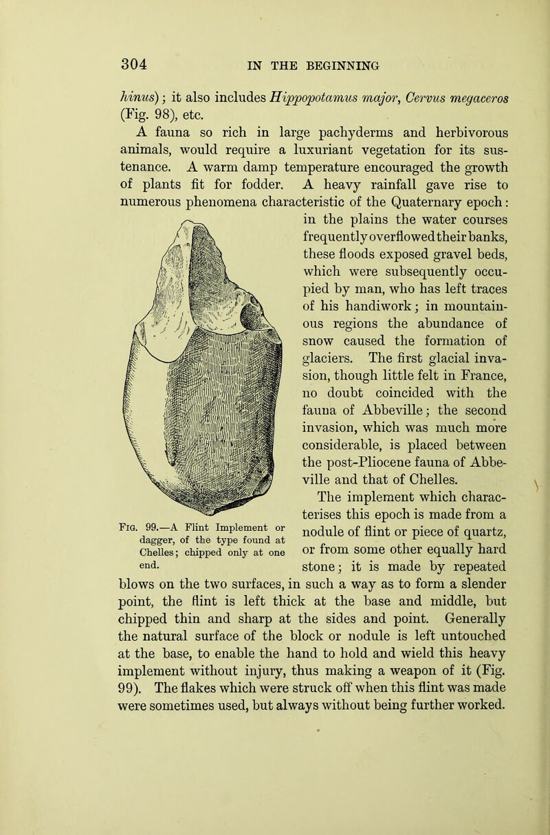 hinus); it also includes Hippopotamus major, Cervus megaceros (Fig. 98), etc. A fauna so rich in large pachyderms and herbivorous animals, would require a luxuriant vegetation for its sus- tenance. A warm damp temperature encouraged the growth of plants fit for fodder. A heavy rainfall gave rise to numerous phenomena characteristic of the Quaternary epoch: in the plains the water courses frequently overflowed their banks, these floods exposed gravel beds, which were subsequently occu- pied by man, who has left traces of his handiwork; in mountain- ous regions the abundance of snow caused the formation of glaciers. The first glacial inva- sion, though little felt in France, no doubt coincided with the fauna of Abbeville; the second invasion, which was much more considerable, is placed between the post-Pliocene fauna of Abbe- ville and that of Chelles. The implement which charac- terises this epoch is made from a nodule of flint or piece of quartz, or from some other equally hard stone; it is made by repeated blows on the two surfaces, in such a way as to form a slender point, the flint is left thick at the base and middle, but chipped thin and sharp at the sides and point. Generally the natural surface of the block or nodule is left untouched at the base, to enable the hand to hold and wield this heavy implement without injury, thus making a weapon of it (Fig. 99). The flakes which were struck off when this flint was made were sometimes used, but always without being further worked. Fig. 99.—A Flint Implement or dagger, of the type found at Chelles; chipped only at one end.