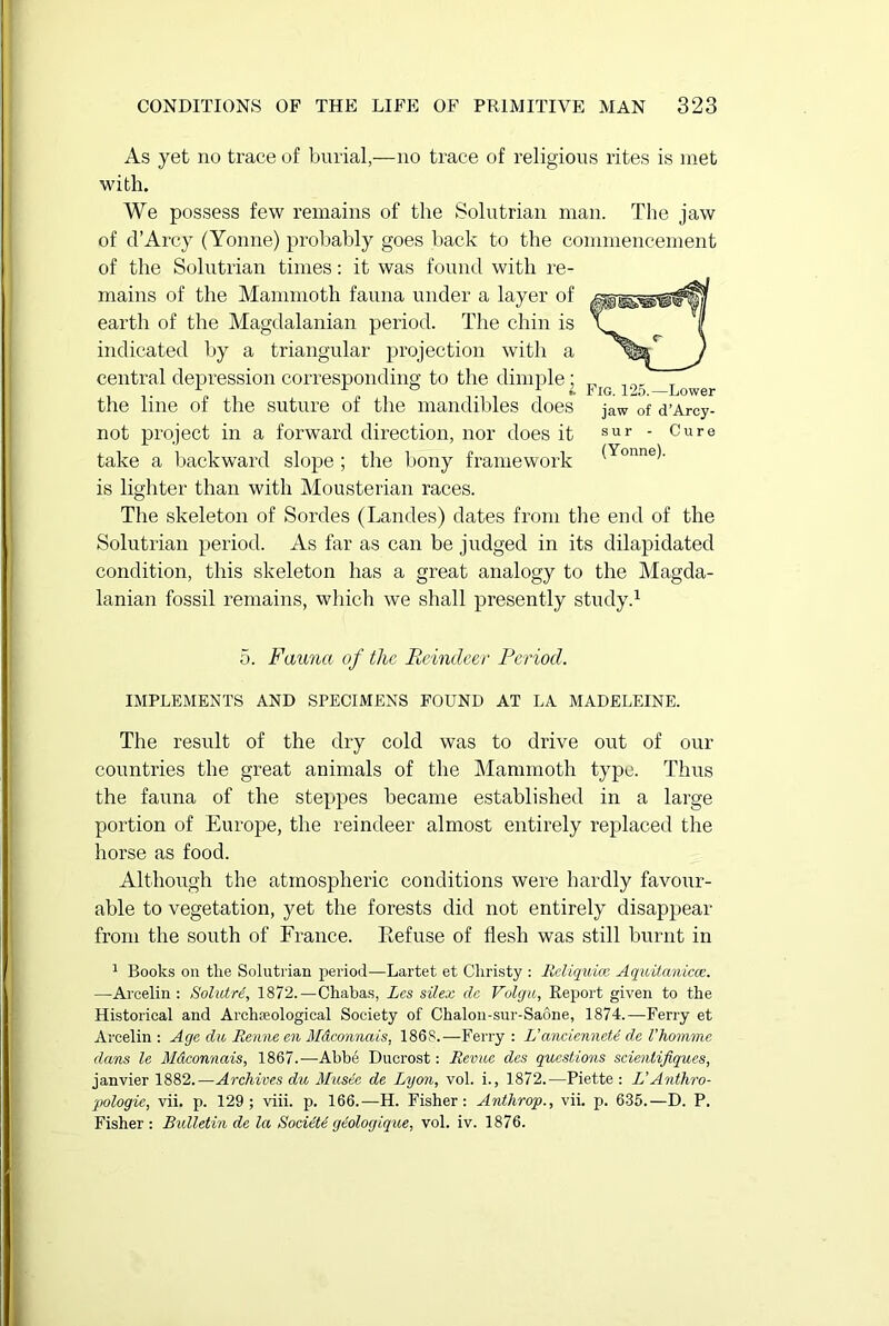 As yet no trace of burial,—no trace of religious rites is met with. We possess few remains of the Solutrian man. The jaw of d’Arcy (Yonne) probably goes back to the commencement of the Solutrian times: it was found with re- mains of the Mammoth fauna under a layer of earth of the Magdalanian period. The chin is f indicated by a triangular projection with a ifer J central depression corresponding to the dimple ; Fi(j ( ^ the line of the suture of the mandibles does jaw 0f d’Arcy- not project in a forward direction, nor does it sur - Cure take a backward slope ; the bony framework (Yonne)- is lighter than with Mousterian races. The skeleton of Sordes (Landes) dates from the end of the Solutrian period. As far as can be judged in its dilapidated condition, this skeleton has a great analogy to the Magda- lanian fossil remains, which we shall presently study.1 5. Fauna of tlic Reindeer Period. IMPLEMENTS AND SPECIMENS FOUND AT LA MADELEINE. The result of the dry cold was to drive out of our countries the great animals of the Mammoth type. Thus the fauna of the steppes became established in a large portion of Europe, the reindeer almost entirely replaced the horse as food. Although the atmospheric conditions were hardly favour- able to vegetation, yet the forests did not entirely disappear from the south of France. Refuse of flesh was still burnt in 1 Books on tlie Solutrian period—Lartet et Christy : Rcliquice Aquitanicce. —Arcelin : Solutri, 1872.—Chabas, Les silex clc Volgu, Report given to the Historical and Archteological Society of Chalon-sur-Saone, 1874.—Ferry et Arcelin: Age du Eenne en Mdconnais, 186S.—Ferry: L’ancienneti de Vhomme dans le Mdconnais, 1867.—Abbe Ducrost: Revue des questions scienlijiques, janvier 1882.—Archives du Music de Lyon, vol. i., 1872.—Piette : L’Anthro- pologic, vii. p. 129; viii. p. 166.—H. Fisher: Antlirop., vii. p. 635.—D. P. Fisher : Bulletin de la Sociiti geologique, vol. iv. 1876.