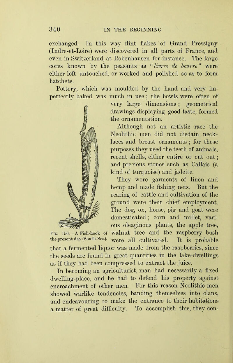 exchanged. In this way flint flakes of Grand Pressigny (Indre-et-Loire) were discovered in all parts of France, and even in Switzerland, at Robenhausen for instance. The large cores known by the peasants as “ livres de beurre ” were either left untouched, or worked and polished so as to form hatchets. Pottery, which was moulded by the hand and very im- perfectly baked, was much in use ; the bowls were often of very large dimensions; geometrical drawings displaying good taste, formed the ornamentation. Although not an artistic race the Neolithic men did not disdain neck- laces and breast ornaments ; for these purposes they used the teeth of animals, recent shells, either entire or cut out; and precious stones such as Callais (a kind of turquoise) and jadeite. They wore garments of linen and hemp and made fishing nets. But the rearing of cattle and cultivation of the ground were their chief employment. The dog, ox, horse, pig and goat were domesticated; corn and millet, vari- ous oleaginous plants, the apple tree, Fig. 156.—a Fish-hook of walnut tree and the raspberry bush the present day (South-Sea). were ap cultivated. It is probable that a fermented liquor was made from the raspberries, since the seeds are found in great quantities in the lake-dwellings as if they had been compressed to extract the juice. In becoming an agriculturist, man had necessarily a fixed dwelling-place, and he had to defend his property against encroachment of other men. For this reason Neolithic men showed warlike tendencies, banding themselves into clans, and endeavouring to make the entrance to their habitations a matter of great difficulty. To accomplish this, they con-