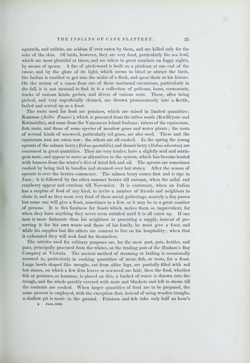 squirrels, and rabbits, are seldom if ever eaten by them, and are killed only for the sake of the skin. Of birds, however, they are very fond, particularly the sea fowl, which are most plentiful at times, and are taken in great numbers on foggy nights, by means of spears. A fire of pitch-wood is built on a platform at one end of the canoe, and by the glare of its light, which seems to blind or attract the birds, tlie Indian is enabled to get into the midst of a flock, and spear them at his leisure. On the return of a canoe from one of these nocturnal excursions, particularly in the fall, it is not unusual to find in it a collection of pelicans, loons, cormorants, ducks of various kinds, grebes, and divers of various sorts. These, after being picked, and very superficially cleaned, are thrown promiscuously into a Settle, boiled and served up as a feast. The roots used for food are potatoes, which are raised in limited quantities; Kammas (Scilla Fraseri ), which is procured from the tribes south (Kwilleyute and Kwinaiults), and some from the Vancouver Island Indians; tubers of the equisetum; fern roots, and those of some species of meadow grass and water plants; the roots of several kinds of sea-weed, particularly eel grass, are also used. These and the equisetum root are eaten raw; the others are aU cooked. In the spring the young sprouts of the salmon berry {Mubus spectabilis) and thumb berry ( Rubus odoratus) are consumed in great quantities. They are very tender, have a slightly acid and astrin- gent taste, and appear to serve as alteratives to the system, which has become loaded with humors from the winter’s diet of dried fish and oil. The sprouts are sometimes cooked by being tied in bundles and steamed over hot stones. After the season of sprouts is over the berries commence. The salmon berry comes first and is ripe in June; it is followed by the other summer berries till autumn, when the sallal and cranberry appear and continue till November. It is customary, when an Indian has a surplus of food of any kind, to invite a number of friends and neighbors to share it, and as they seem very fond of these social gatherings, scarcely a day passes but some one will give a feast, sometimes to a few, or it may be to a great number of persons. It is this fondness for feasts which makes them so improvident, for when they have anything they never seem satisfied until it is all eaten up. If one man is more fortunate than his neighbors in procuring a supply, instead of pre- serving it for his own wants and those of his family, he must give a feast, and while his supplies last the others are content to live on his hospitality; when that is exhausted they will seek food for themselves. The articles used for culinary purposes are, for the most part, pots, kettles, and pans, principally procured from the whites, at the trading post of the Hudson’s Bay Company at Victoria. The ancient method of steaming or boiling is occasionally resorted to, particularly in cooking quantities of meat, fish, or roots, for a feast. Large bowls shaped like troughs, cut from alder logs, are partially filled with red hot stones, on which a few fern leaves or sea-weed are laid; then the food, whether fish or potatoes, or kammas, is placed on this, a bucket of water is thrown into the trough, and the whole quickly covered with mats and blankets and left to steam till the contents are cooked. When larger quantities of food are to be prepared, the same process is employed, with the exception that, instead of using wooden troughs, a shallow pit is made in the ground. Potatoes and fish take only half an hour’s 4 June, 1860.