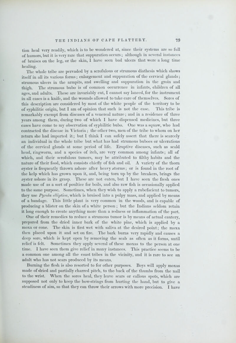 tion heal very readily, which is to be wondered at, since their systems are so full of humors, but it is very rare that suppuration occurs; although in several instances of bruises on the leg, or the skin, 1 have seen bad ulcers tliat were a long time healing. The whole tribe are pervaded by a scrofulous or strumous diathesis which shows itself in all its various forms; enlargement and suppuration of the cervical glands; strumous ulcers in the armpits, and swelling and suppuration in the groin and thiffh The strumous bubo is of common occurrence in infants, children of all O ages, and adults. These are invariably cut, I cannot say lanced, for the instrument in all cases is a knife, and the wounds allowed to take care of themselves. Sores of this description are considered by most of the white people of the territory to be of syphilitic origin, but I am of opinion that such is not the case. This tribe is remarkably exempt from diseases of a venereal nature; and in a residence of three years among them, during two of which I have dispensed medicines, hut three cases have come to my observation of syphilitic bubo. One was a squaw, who had contracted the disease in Victoria ; the other two, men of the tribe to whom on her return she had imparted it; but I think I can safely assert that there is scarcely an individual in the whole tribe but what has had strumous buboes or ulcerations of the cervical glands at some period of life. Eruptive diseases, such as scald head, ringAvorm, and a species of itch, are very common among infants; all of which, and their scrofulous tumors, may be attributed to filthy habits and the nature of their food, Avhich consists chiefly of fish and oil. A variety of the thorn oyster is frequently thrown ashore after heavy .storms; or is found in the root of the kelp which has groAvn upon it, and, being torn up by the breakers, brings the oyster ashore in its grasp. These are not eaten, but I have seen the fresh ones made use of as a sort of poultice for boils, and also raAv fish is occasionally applied to the same purpose. Sometimes, Avhen they Avish to apply a rubefacient to tumors, they use Pijrola elliptica^ which is bruised into a pulpy mass, and applied by means of a bandage. This little plant is very common in the woods, and is capable of producing a blister on the skin of a Avhite person; but the Indians seldom retain it long enough to create anything more than a redness or inflammation of the part. One of their remedies to reduce a strumous tumor is by means of actual cautery, prepared from the dried inner hark of the Avhite pine, Avhich is applied by a moxa or cone. The skin is first Avet with saliva at the desired point; the moxa then placed upon it and set on fire. The bark burns very rapidly and causes a deep sore, which is kept open by removing the scab as often as it forms, until relief is felt. Sometimes they apply several of these moxas to the person at one time. I have seen them give relief in many instances. This practice seems to be a common one among all the coast tribes in the vicinity, and it is rare to see an adult Avho has not scars produced by its means. Burning the flesh is also resorted to for other purposes. Boys Avill apply moxas made of dried and partially charred pitch, to the back of the thumbs from the nail to the wrist. When the sores heal, they leave scars or callous spots, which are supposed not only to keep the boAV-strings from hurting the hand, but to give a steadiness of aim, so that they can throAv their arroAvs Avith more precision. I have