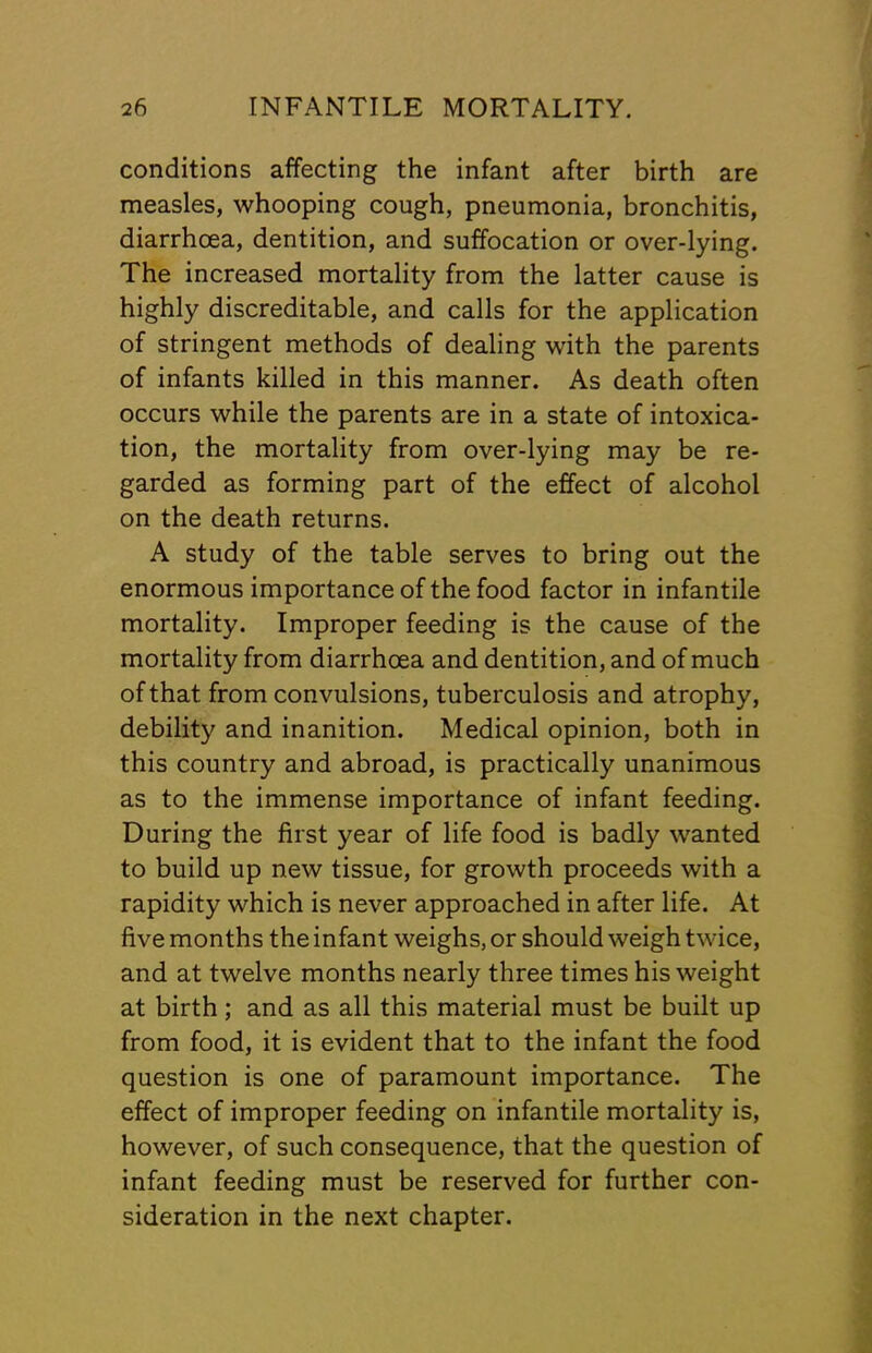 conditions affecting the infant after birth are measles, whooping cough, pneumonia, bronchitis, diarrhoea, dentition, and suffocation or over-lying. The increased mortality from the latter cause is highly discreditable, and calls for the application of stringent methods of dealing with the parents of infants killed in this manner. As death often occurs while the parents are in a state of intoxica- tion, the mortality from over-lying may be re- garded as forming part of the effect of alcohol on the death returns. A study of the table serves to bring out the enormous importance of the food factor in infantile mortality. Improper feeding is the cause of the mortality from diarrhoea and dentition, and of much of that from convulsions, tuberculosis and atrophy, debility and inanition. Medical opinion, both in this country and abroad, is practically unanimous as to the immense importance of infant feeding. During the first year of life food is badly wanted to build up new tissue, for growth proceeds with a rapidity which is never approached in after life. At five months the infant weighs, or should weigh twice, and at twelve months nearly three times his weight at birth; and as all this material must be built up from food, it is evident that to the infant the food question is one of paramount importance. The effect of improper feeding on infantile mortality is, however, of such consequence, that the question of infant feeding must be reserved for further con- sideration in the next chapter.