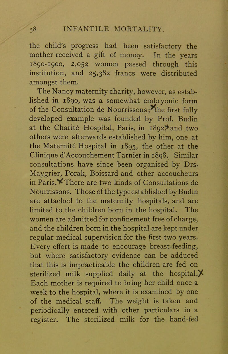 the child’s progress had been satisfactory the mother received a gift of money. In the years 1890-1900, 2,052 women passed through this institution, and 25,382 francs were distributed amongst them. The Nancy maternity charity, however, as estab- lished in 1890, was a somewhat embryonic form of the Consultation de Nourrissons;^he first fully developed example was founded by Prof. Budin at the Charity Hospital, Paris, in 1892^and two others were afterwards established by him, one at the Maternite Hospital in 1895, the other at the Clinique d’Accouchement Tarnier in 1898. Similar consultations have since been organised by Drs. Maygrier, Porak, Boissard and other accoucheurs in Paris.VThere are two kinds of Consultations de N ourrissons. Those of the type established by Budin are attached to the maternity hospitals, and are limited to the children born in the hospital. The women are admitted for confinement free of charge, and the children born in the hospital are kept under regular medical supervision for the first two years. Every effort is made to encourage breast-feeding, but where satisfactory evidence can be adduced that this is impracticable the children are fed on sterilized milk supplied daily at the hospital.)^ Each mother is required to bring her child once a week to the hospital, where it is examined by one of the medical staff. The weight is taken and periodically entered with other particulars in a register. The sterilized milk for the hand-fed