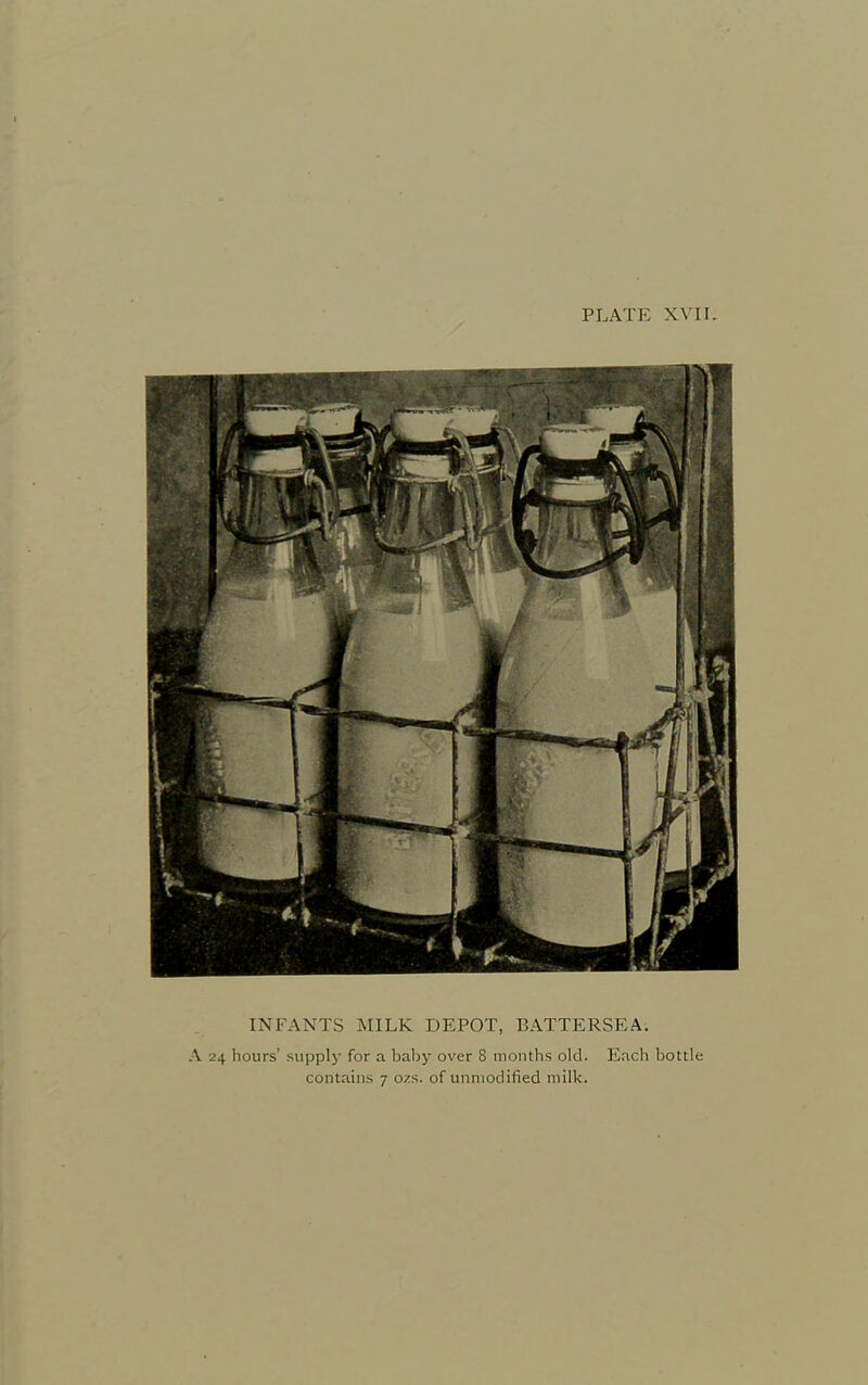 PLATE XVTL INFANTS MILK DEPOT, BATTERSEA. A 24 hours’ supply for a baljy over 8 months old. Each bottle contains 7 ozs. of unmodified milk.