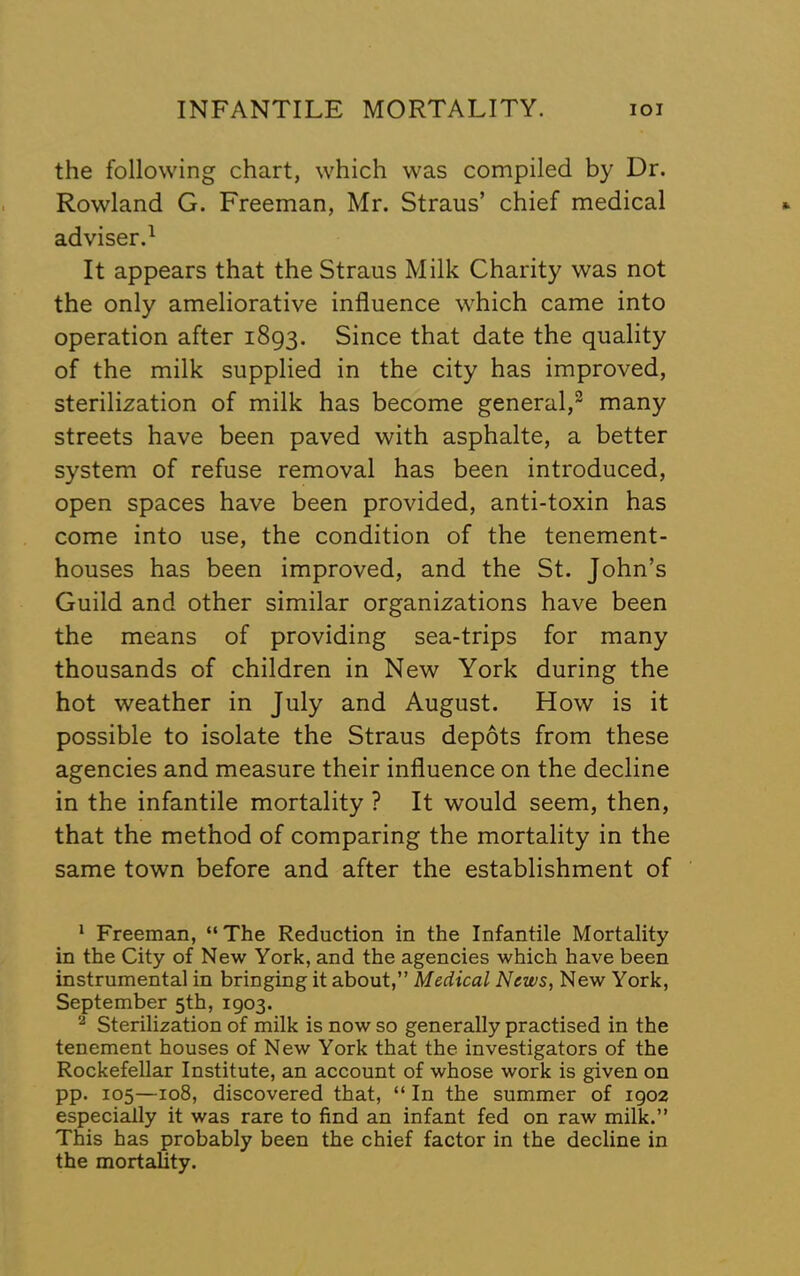 the following chart, which was compiled by Dr. Rowland G. Freeman, Mr. Straus’ chief medical adviser.^ It appears that the Straus Milk Charity was not the only ameliorative influence which came into operation after 1893. Since that date the quality of the milk supplied in the city has improved, sterilization of milk has become general,^ many streets have been paved with asphalte, a better system of refuse removal has been introduced, open spaces have been provided, anti-toxin has come into use, the condition of the tenement- houses has been improved, and the St. John’s Guild and other similar organizations have been the means of providing sea-trips for many thousands of children in New York during the hot weather in July and August. How is it possible to isolate the Straus depots from these agencies and measure their influence on the decline in the infantile mortality ? It would seem, then, that the method of comparing the mortality in the same town before and after the establishment of * Freeman, “The Reduction in the Infantile Mortality in the City of New York, and the agencies which have been instrumental in bringing it about,” Medical News, New York, September 5th, 1903. Sterilization of milk is now so generally practised in the tenement houses of New York that the investigators of the Rockefellar Institute, an account of whose work is given on pp. 105—108, discovered that, “ In the summer of 1902 especially it was rare to find an infant fed on raw milk.” This has probably been the chief factor in the decline in the mortality.