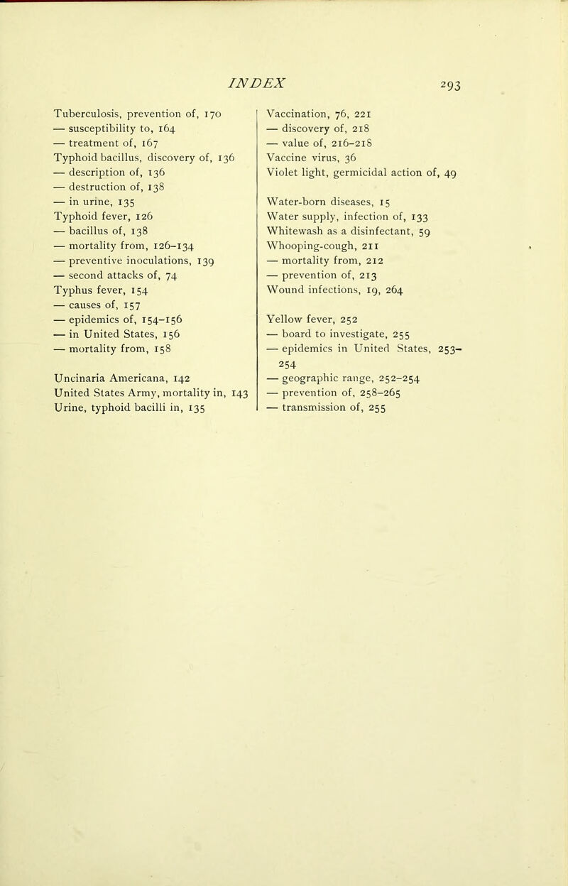 Tuberculosis, prevention of, 170 — susceptibility to, 164 — treatment of, 167 Typhoid bacillus, discovery of, 136 — description of, 136 — destruction of, 138 — in urine, 135 Typhoid fever, 126 — bacillus of, 138 — mortality from, 126-134 — preventive inoculations, 139 — second attacks of, 74 Typhus fever, 154 — causes of, 157 — epidemics of, 154-156 — in United States, 156 — mortality from, 158 Uncinaria Americana, 142 United States Army, mortality in, 143 Urine, typhoid bacilli in, 135 Vaccination, 76, 221 — discovery of, 218 — value of, 216-21S Vaccine virus, 36 Violet light, germicidal action of, 49 Water-born diseases, 15 Water supply, infection of, 133 Whitewash as a disinfectant, 59 Whooping-cough, 211 — mortality from, 212 — prevention of, 213 Wound infections, 19, 264 Yellow fever, 252 — board to investigate, 255 — epidemics in United States, 253— 254 — geographic range, 252-254 — prevention of, 258-265 — transmission of, 255