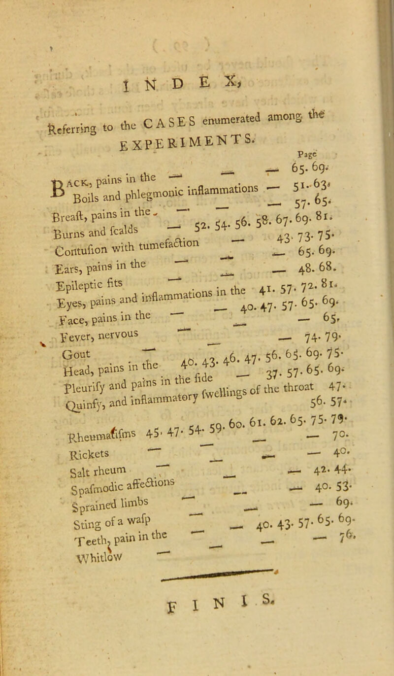 index, Referring to the CASES enumerated among, the • ' Page BXustlpCoiTcinflamp^^^^ Contufion with tume ^ ^ 65. 69. Ears, pains in the — ___ I,.™—‘.;;: z t Face, pains in the — 55f Fever, nervous ^ ^ 74. 79. . • T AO. 4^. 4^-47-56-^5-69-75- Head, pains in t e ^ 37.57.65.69; pleurify and pains m ne throat 47- Quinfy, and inhammatGry fw g ^ rd <0.60.61.62.65. 75-79- F-heumafvfms 45* 47- 54^9 ^ _ 70. Rickets — 40- Salt rheum -7 42.44- Spafmodic afFeaions ^0,53. Sprained limbs ^ — 69. Sting of a wafp ^ ^3. 57. 65. 69. Teeth^ paiia ^ . — 76. Whitlow j- 1 N i