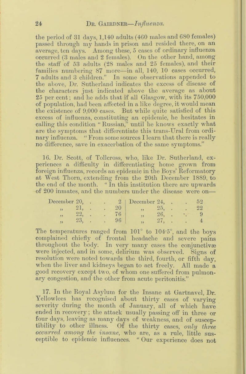 the period of 31 days, 1,140 adults (4G0 males and 680 females) passed through my hands in prison and resided there, on an average, ten days. Among these, 5 cases of ordinary influenza occurred (3 males and 2 females). On the other hand, among the staff of 53 adults (28 males and 25 females), and their families numbering 87 more—in all, 140, 10 cases occurred, 7 adults and 3 children.” In some observations appended to the above, Dr. Sutherland indicates the excess of disease of the characters just indicated above the average as about 25 per cent; and he adds that if all Glasgow, with its 750,000 of population, had been affected in a like degree, it would mean the existence of 9,000 cases. But while quite satisfied of this excess of influenza, constituting an epidemic, he hesitates in calling this condition “ Russian,” until he knows exactly what are the symptoms that differentiate this trans-Ural from ordi- nary influenza. “ From some sources I learn that there is really no difference, save in exacerbation of the same symptoms.” 16. Dr. Scott, of Tollcross, who, like Dr. Sutherland, ex- periences a difficulty in differentiating home grown from foreign influenza, records an epidemic in the Boys’ Reformatory at West Thorn, extending from the 20th December 1889, to the end of the month. “ In this institution there are upwards of 200 inmates, and the numbers under the disease were on— December 20, 2 December 24, 52 „ 21, . . 20 25 5) 22 „ 22, . . 76 „ 26, . 9 „ 23, . . 96 „ 27, . 4 The temperatures ranged from 101° to 104'5°, and the boys complained chiefly of frontal headache and sevei’e pains throughout the body. In very many cases the conjunctive were injected, and in some, delirium was observed. Signs of resolution were noted towards the third, fourth, or fifth day, when the liver and kidneys began to act freely. All made a good recovery except two, of whom one suffered from pulmon- ary congestion, and the other from acute peritonitis.” 17. In the Royal Asylum for the Insane at Gartnavel, Dr. Yellowlees has recognised about thirty cases of varying severity during the month of January, all of which have ended in recovery; the attack usually passing off in three or four days, leaving as many days of weakness, and of suscep- tibility to other illness. Of the thirty cases, only three occurred among the insane, who are, as a rule, little sus- ceptible to epidemic influences. “ Our experience does not