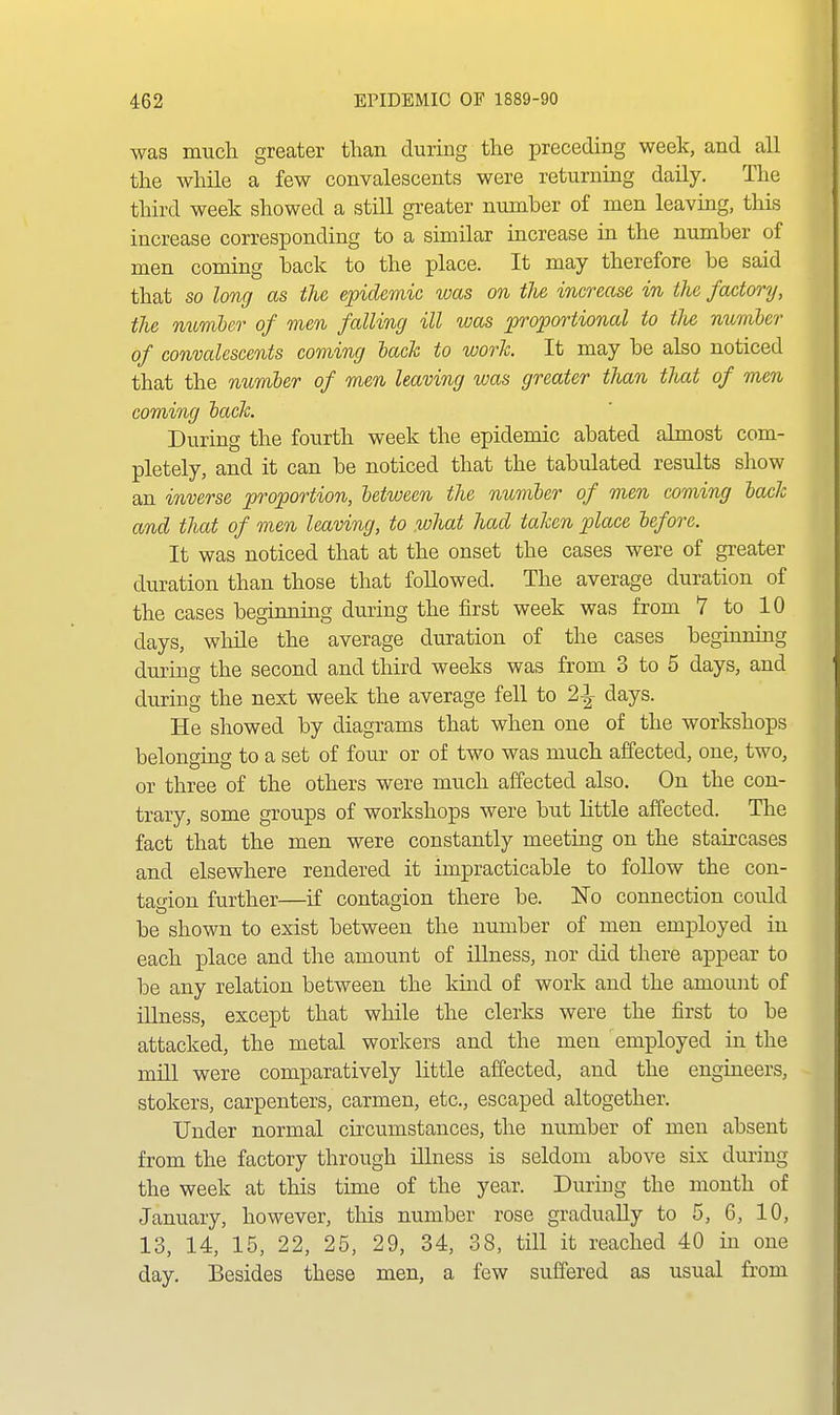 was mucli greater than during the preceding week, and all the while a few convalescents were returning daily. The third week showed a still greater number of men leaving, this increase corresponding to a similar increase in the number of men coming back to the place. It may therefore be said that so long as the epidemic was on the increase in the factory, the number of men falling ill was proportional to tlie mcmher of convalescents coming lack to work It may be also noticed that the number of men leaving was greater than that of men coming back. During the fourth week the epidemic abated almost com- pletely, and it can be noticed that the tabulated results show an inverse proportion, between the number of men coming back and that of men leaving, to what had taken place before. It was noticed that at the onset the cases were of greater duration than those that followed. The average duration of the cases beginniag during the first week was from 7 to 10 days, whUe the average duration of the cases beginning during the second and third weeks was from 3 to 5 days, and during the next week the average fell to 2-1- days. He showed by diagrams that when one of the workshops belonging to a set of four or of two was much affected, one, two, or three of the others were much affected also. On the con- trary, some groups of workshops were but little affected. The fact that the men were constantly meeting on the staircases and elsewhere rendered it impracticable to follow the con- taion further—if contagion there be. No connection could be shown to exist between the number of men employed in each ]Dlace and the amount of Ulness, nor did there appear to be any relation between the kind of work and the amount of illness, except that while the clerks were the first to be attacked, the metal workers and the men employed in the mill were comparatively little affected, and the engineers, stokers, carpenters, carmen, etc., escaped altogether. Under normal circumstances, the number of men absent from the factory through illness is seldom above six during the week at this time of the year. Duriug the month of January, however, this number rose gradually to 5, 6, 10, 13, 14, 15, 22, 25, 29, 34, 38, till it reached 40 in one day. Besides these men, a few suffered as usual from