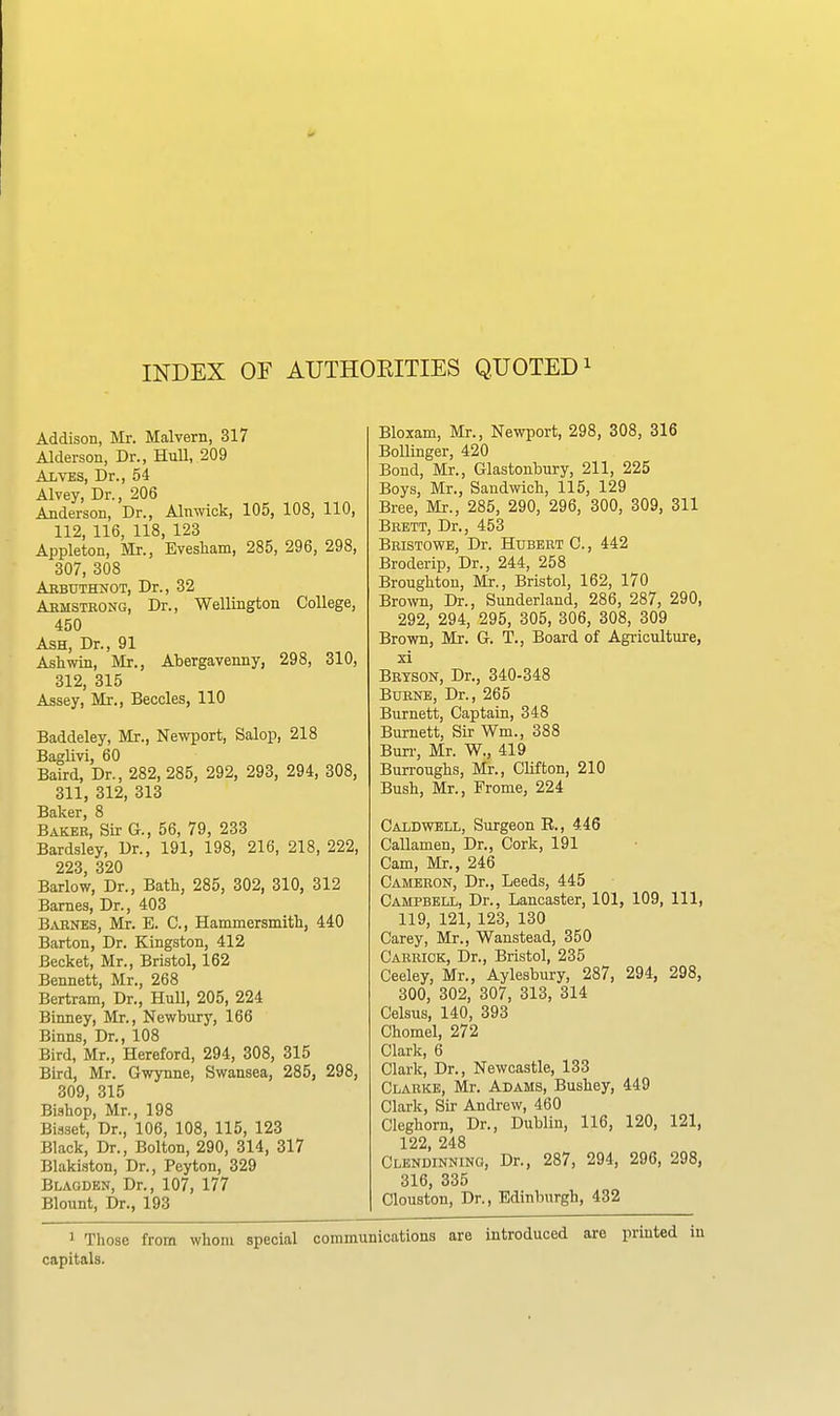 INDEX OF AUTHORITIES QUOTED i Addison, Mr. Malvern, 317 Alderson, Dr., Hull, 209 Alves, Dr., 54 Alvey, Dr., 206 Anderson, Dr., Alnwick, 105, 108, 110, 112, 116, 118, 123 Appleton, Mr., Evesham, 285, 296, 298, 307, 308 Abbuthnot, Dr., 32 Abmsteong, Dr., Wellington College, 450 Ash, Dr., 91 Ash win, Mr., Abergavenny, 298, 310, 312, 315 Assey, Mr., Beccles, 110 Baddeley, Mr., Newport, Salop, 218 Baglivi, 60 Baird, Dr., 282, 285, 292, 293, 294, 308, 311, 312, 313 Baker, 8 Bakee, Sir G., 56, 79, 233 Bardsley, Dr., 191, 198, 216, 218, 222, 223 320 Barlow, Dr., Bath, 285, 302, 310, 312 Barnes, Dr., 403 B.VBNES, Mr. E. C, Hammersmith, 440 Barton, Dr. Kingston, 412 Becket, Mr., Bristol, 162 Bennett, Mr., 268 Bertram, Dr., HuU, 205, 224 Binney, Mr., Newbury, 166 Binns, Dr., 108 Bird, Mr., Hereford, 294, 308, 315 Bird, Mr. Gwynne, Swansea, 285, 298, 309, 315 Bishop, Mr., 198 Biaset, Dr., 106, 108, 115, 123 Black, Dr., Bolton, 290, 314, 317 Blakiston, Dr., Peyton, 329 Blaoden, Dr., 107, 177 Blount, Dr., 193 Bloxam, Mr., Newport, 298, 308, 316 Bollinger, 420 Bond, Mr., Glastonbury, 211, 225 Boys, Mr., Sandwich, 115, 129 Bree, Mr., 285, 290, 296, 300, 309, 311 Brett, Dr., 453 Bbistowe, Dr. Hubert C. , 442 Broderip, Dr., 244, 258 Broughton, Mr., Bristol, 162, 170 Brown, Dr., Sunderland, 286, 287, 290, 292, 294, 295, 305, 306, 308, 309 Brown, Mr. G. T., Board of Agriculture, xi Beyson, Dr., 340-348 Burne, Dr., 265 Burnett, Captain, 348 Burnett, Sir Wm., 388 Bun-, Mr. W., 419 Burroughs, Mr., Clifton, 210 Bush, Mr., Frome, 224 Caldwell, Surgeon R., 446 CaUamen, Dr., Cork, 191 Cam, Mr., 246 Cameron, Dr., Leeds, 445 Campbell, Dr., Lancaster, 101, 109, 111, 119, 121, 123, 130 Carey, Mr., Wanstead, 350 Caebiok, Dr., Bristol, 235 Ceeley, Mr., Aylesbury, 287, 294, 298, 300, 302, 307, 313, 314 Celsus, 140, 393 Chomel, 272 Clark, 6 Clark, Dr., Newcastle, 133 Clabke, Mr. Adams, Bushey, 449 Clark, Sir Andrew, 460 Cleghom, Dr., Dublin, 116, 120, 121, 122, 248 Clendinnino, Dr., 287, 294, 296, 298, 316, 335 Clouston, Dr., Edinburgh, 432 1 Those from whom special communications are introduced are printed i capitals.