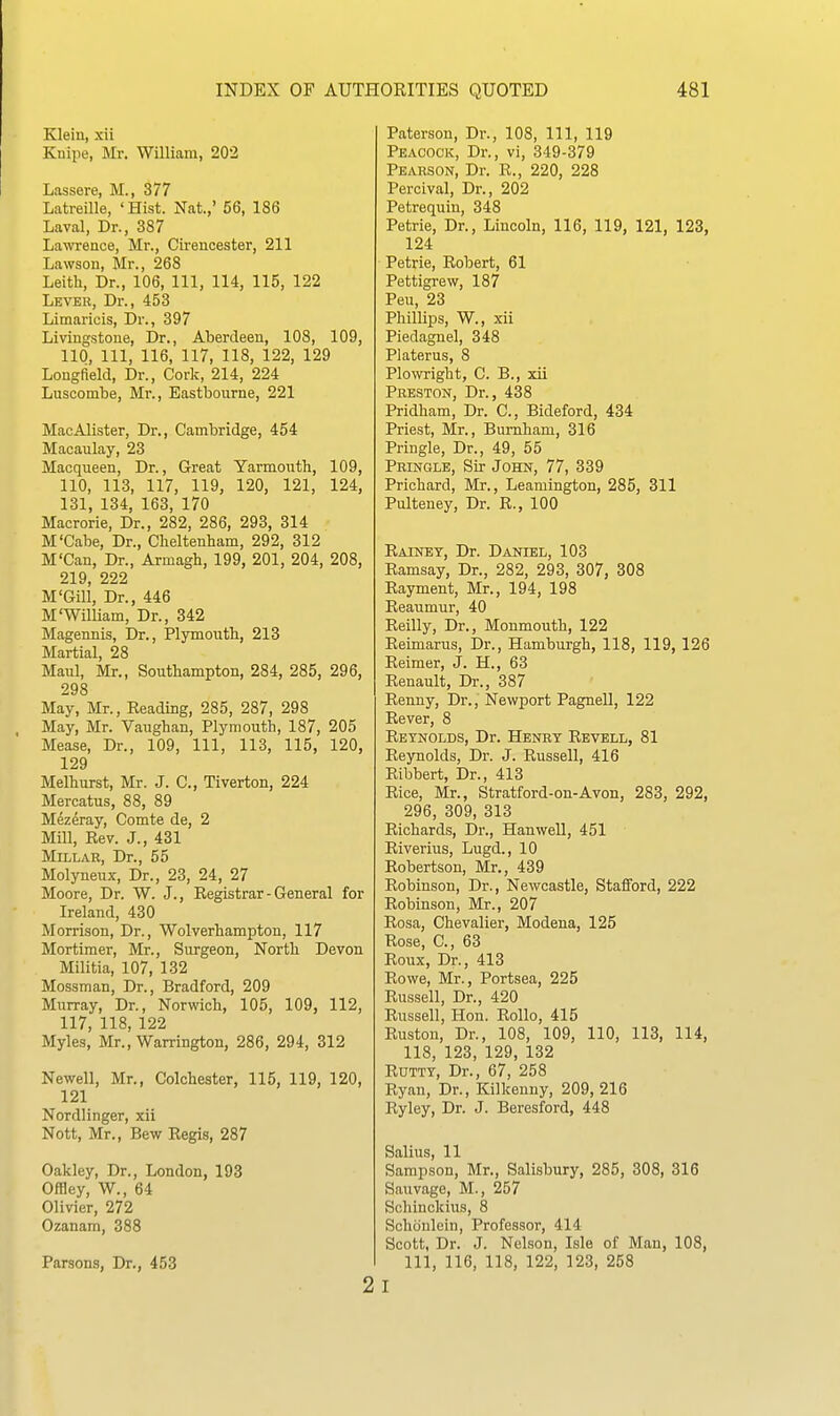 Klein, xii Knipe, Mr. William, 202 Lassere, M., 377 Latreille, 'Hist. Nat.,' 56, 186 Laval, Dr., 387 Lawrence, Mr., Cirencester, 211 Lawson, Mr., 268 Leitli, Dr., 106, 111, 114, 115, 122 Levek, Dr., 453 Limaricis, Dr., 397 Livingstone, Dr., Aberdeen, 108, 109, 110, 111, 116, 117, 118, 122, 129 Longfield, Dr., Cork, 214, 224 Luscombe, Mr., Eastbourne, 221 MacAlister, Dr., Cambridge, 454 Macaulay, 23 Macqueen, Dr., Great Yarmouth, 109, 110, 113, 117, 119, 120, 121, 124, 131, 134, 163, 170 Macrorie, Dr., 282, 286, 293, 314 M'Cabe, Dr., Cheltenham, 292, 312 M'Can, Dr., Armagh, 199, 201, 204, 208, 219, 222 M'Gill, Dr., 446 M'William, Dr., 342 Magennis, Dr., Plymouth, 213 Martial, 28 Maul, Mr., Southampton, 284, 285, 296, 298 May, Mr., Heading, 285, 287, 298 May, Mr. Vaughan, Plymouth, 187, 205 Mease, Dr., 109, 111, 113, 115, 120, 129 Melhurst, Mr. J. C, Tiverton, 224 Mercatus, 88, 89 Mezeray, Comte de, 2 Mill, Eev. J., 431 Millar, Dr., 55 Molyneux, Dr., 23, 24, 27 Moore, Dr. W. J., Registrar - General for Ireland, 430 Morrison, Dr., Wolverhampton, 117 Mortimer, Mr., Surgeon, North Devon Militia, 107, 132 Mossman, Dr., Bradford, 209 Murray, Dr., Norwich, 105, 109, 112, 117, 118, 122 Myles, Mr., Warrington, 286, 294, 312 Newell, Mr., Colchester, 115, 119, 120, 121 Nordlinger, xii Nott, Mr., Bew Regis, 287 Oakley, Dr., London, 193 Offley, W., 64 Olivier, 272 Ozanara, 388 Parsons, Dr., 453 2 Paterson, Dr., 108, 111, 119 Peacock, Dr., vi, 349-379 Pearson, Dr. R., 220, 228 Percival, Dr., 202 Petrequin, 348 Petrie, Dr., Lincoln, 116, 119, 121, 123, 124 Petrie, Robert, 61 Pettigrew, 187 Pen, 23 Phillixjs, W., xii Piedagnel, 348 Platerus, 8 Plowright, C. B., xii Preston, Dr., 438 Pridham, Dr. C, Bideford, 434 Priest, Mr., Bumham, 316 Pringle, Dr., 49, 55 Pringlb, Sir John, 77, 339 Prichard, Mr., Leamington, 285, 311 Pulteney, Dr. R., 100 Rainey, Dr. Daniel, 103 Ramsay, Dr., 282, 293, 307, 308 Rayment, Mr., 194, 198 Reaumur, 40 Reilly, Dr., Monmouth, 122 Reimarus, Dr., Hamburgh, 118, 119, 126 Reimer, J. H., 63 Renault, Dr., 387 Renny, Dr., Newport Pagnell, 122 Rever, 8 Reynolds, Dr. Henry Revell, 81 Reynolds, Dr. J. Russell, 416 Ribbert, Dr., 413 Rice, Mr., Stratford-on-Avon, 283, 292, 296, 309, 313 Richards, Dr., HanweU, 451 Riverius, Lugd., 10 Robertson, Mr., 439 Robinson, Dr., Newcastle, Stafford, 222 Robinson, Mr., 207 Rosa, Chevalier, Modena, 125 Rose, C, 63 Roux, Dr., 413 Rowe, Mr., Portsea, 225 Russell, Dr., 420 Russell, Hon. Rollo, 415 Ruston, Dr., 108, 109, 110, 113, 114, 118, 123, 129, 132 Rdtty, Dr., 67, 258 Ryan, Dr., Kilkenny, 209, 216 Ryley, Dr. J. Beresford, 448 Salius, 11 Sampson, Mr., Salisbury, 285, 308, 316 Sauvage, M., 257 Schinckius, 8 Schdulein, Professor, 414 Scott, Dr. J. Nelson, Isle of Mau, 108, 111, 116, 118, 122, 123, 258 I